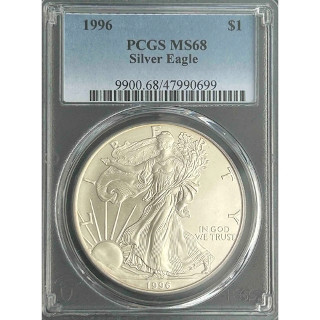 1996 USA $1 silver Eagle coin, slabbed and graded by P.C.G.S...