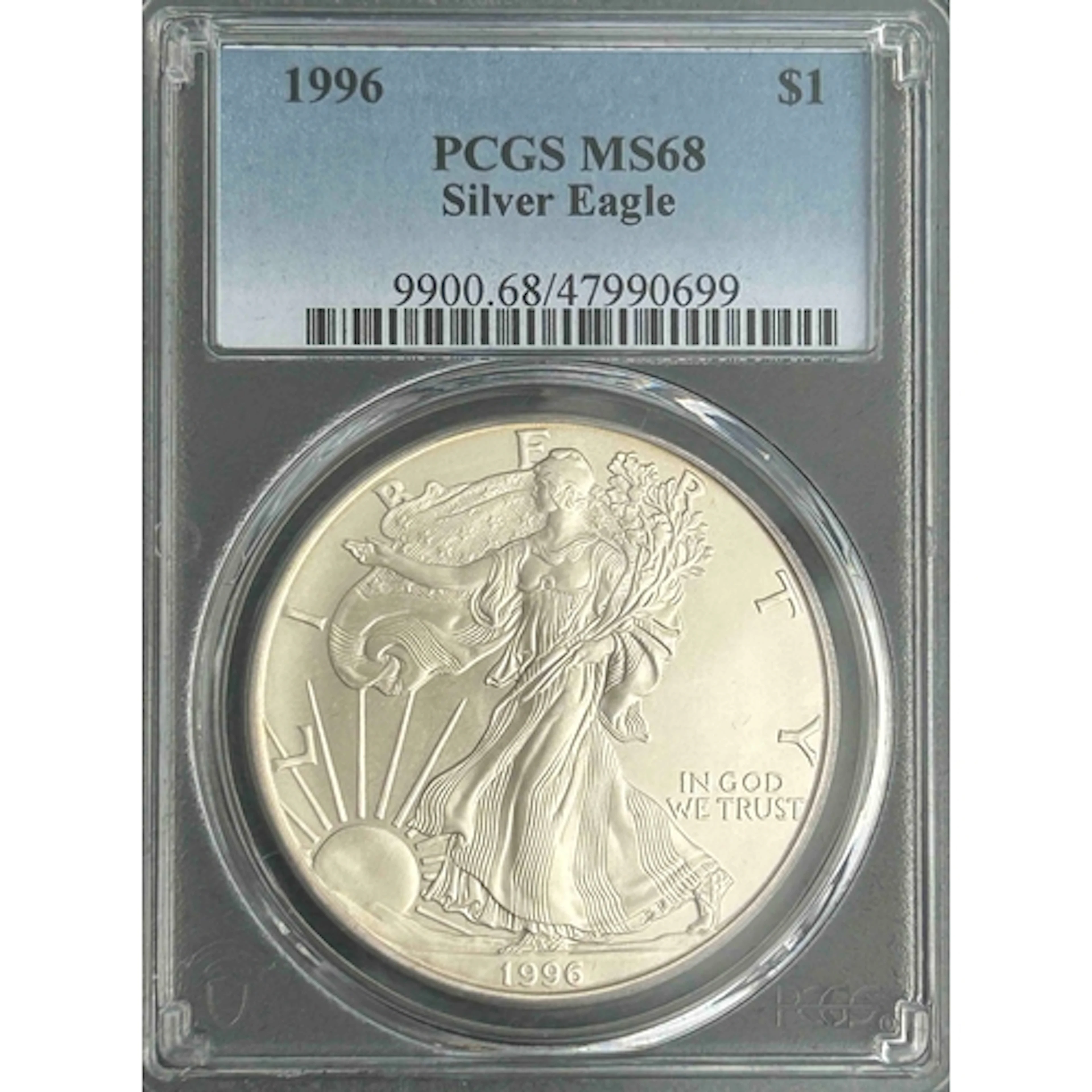 1996 USA $1 silver Eagle coin, slabbed and graded by P.C.G.S...
