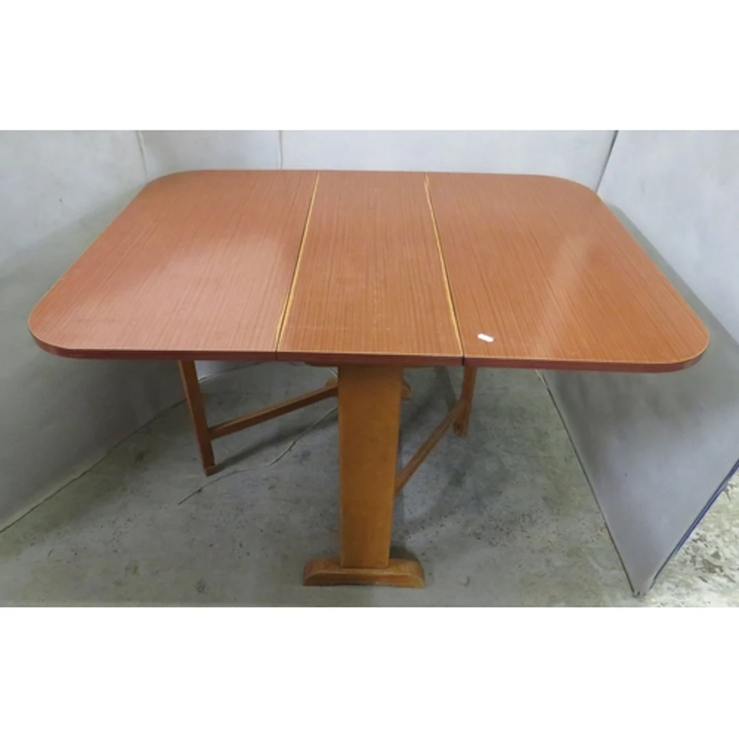Mid Century Blonde Wood Drop Leaf Table with formica top, fo...