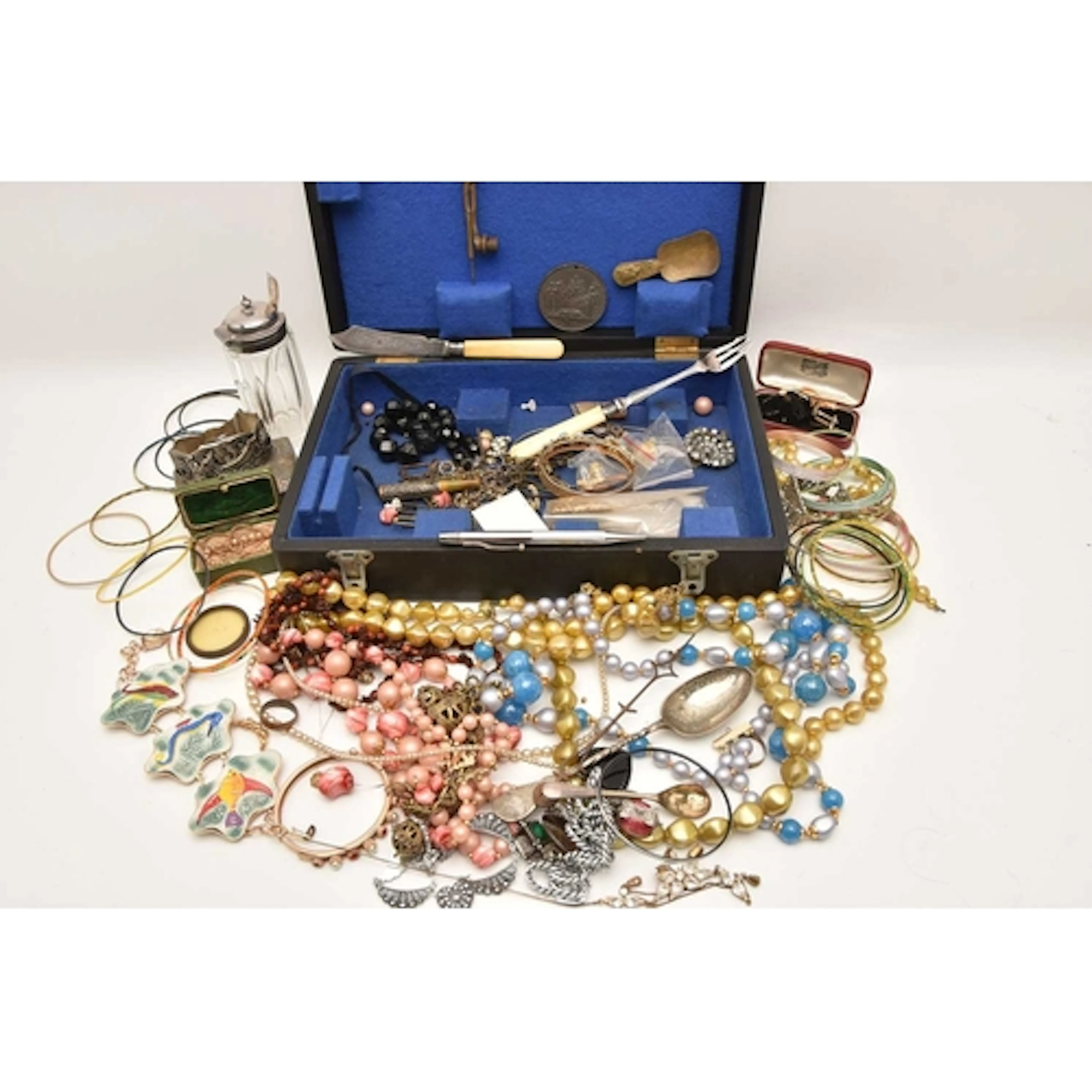 A BOX OF ASSORTED ITEMS, to include a selection of costume j...
