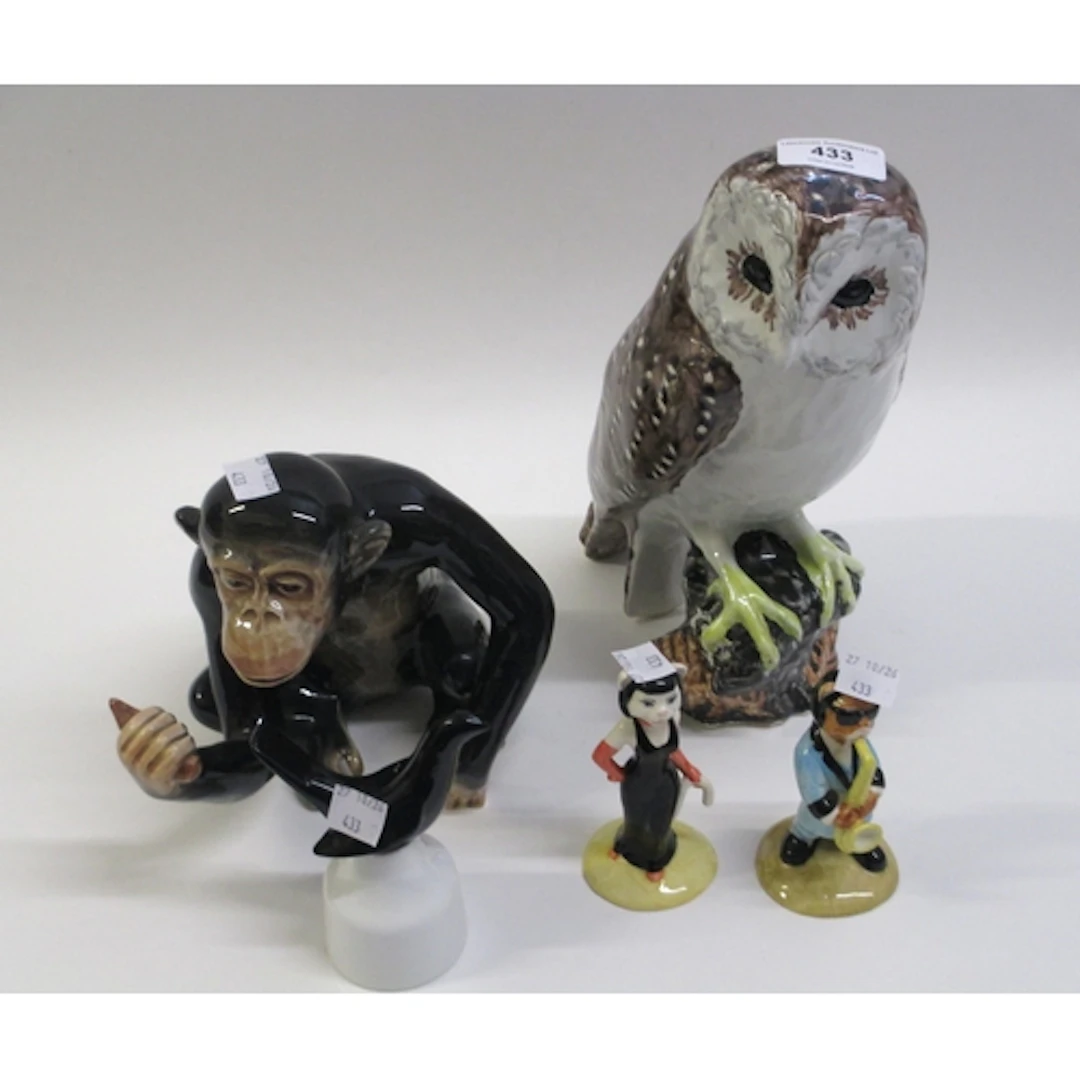 Large Polperro figure of an owl, Sylvac chimp, two Beswick c...