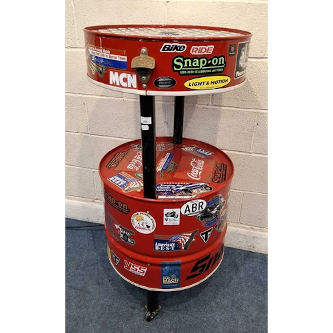 A RED PAINTED BAR TABLE, that has been converted from an oil...