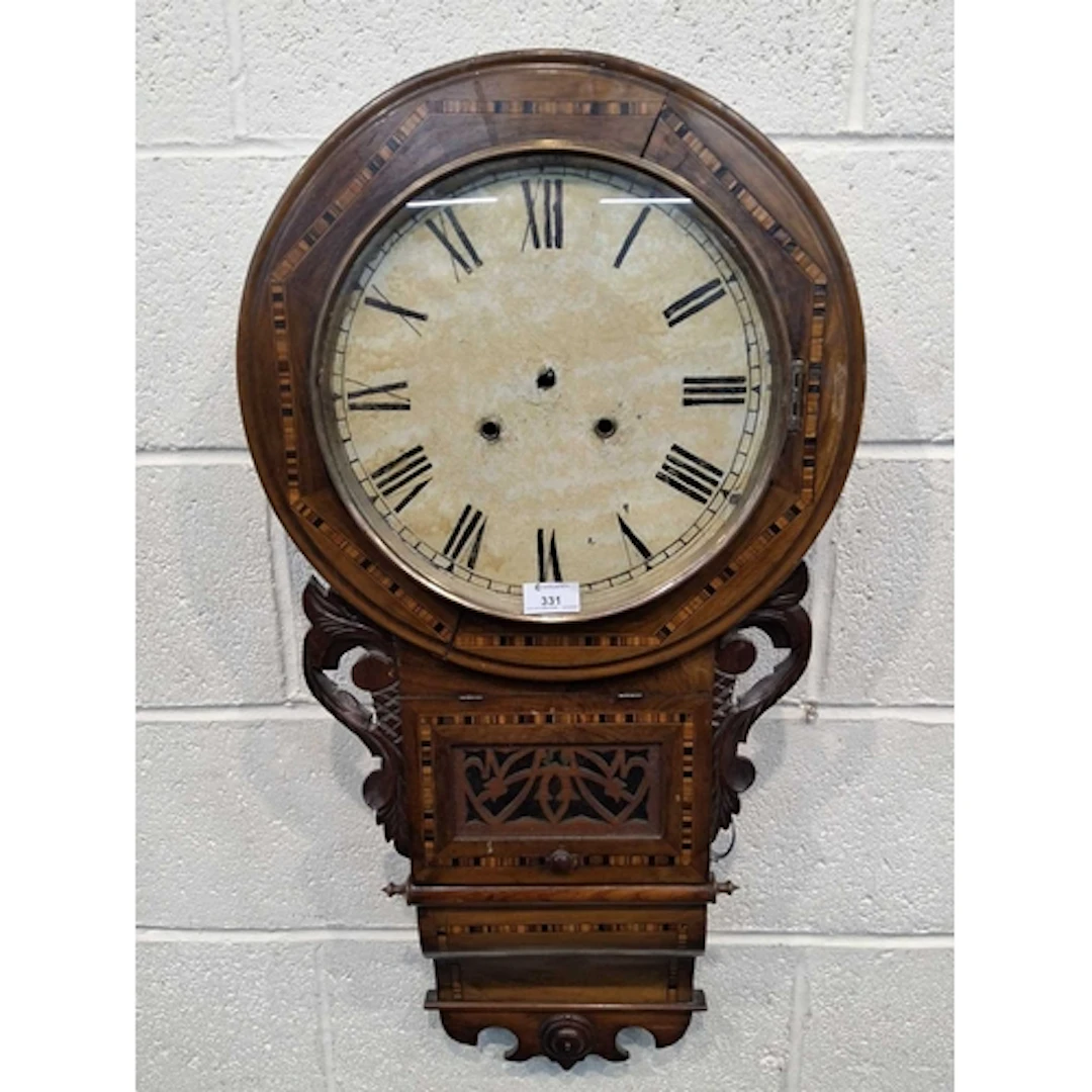 A 19TH CENTURY DROP DIAL WALL CLOCK, with parquetry inlay, t...