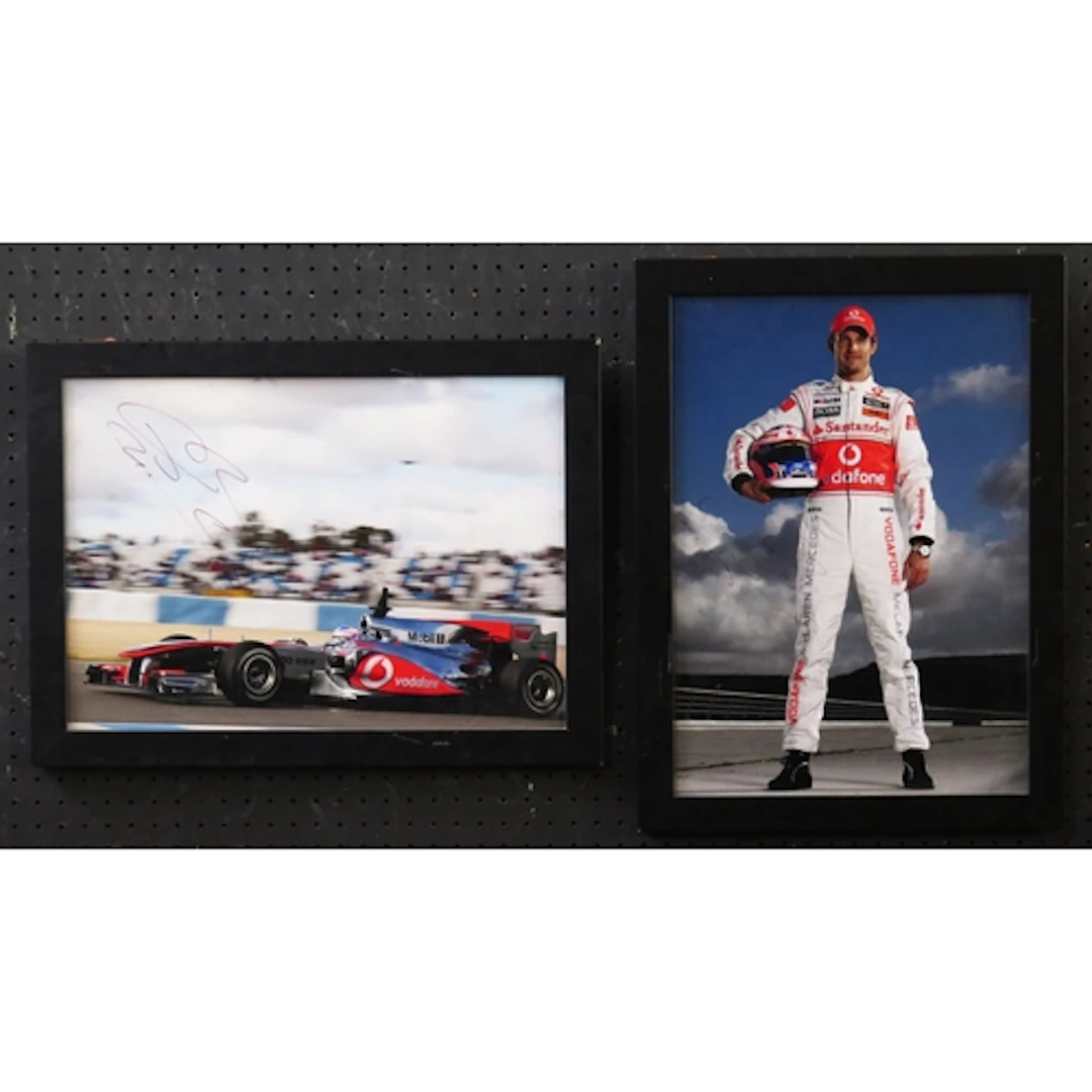 Jenson Button two signed Formula 1 photographs, standing in ...