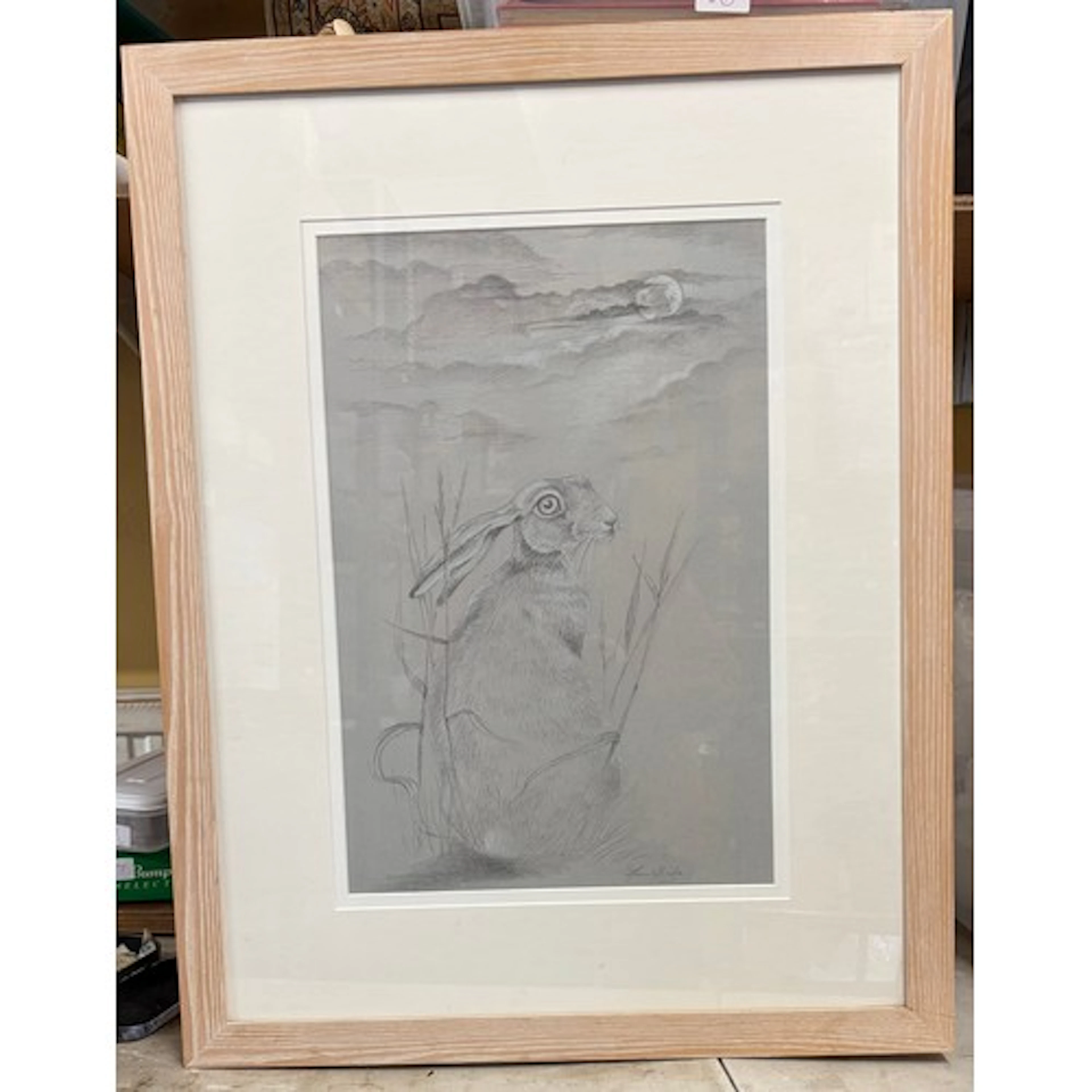 Pencil drawing of a hare by moonlight, signed lower right Fi...
