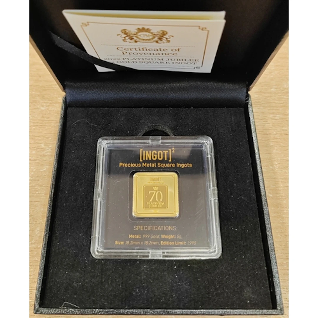 Square Net Graphics 2022 Platinum Jubilee 5g square ingot, boxed with certificat...