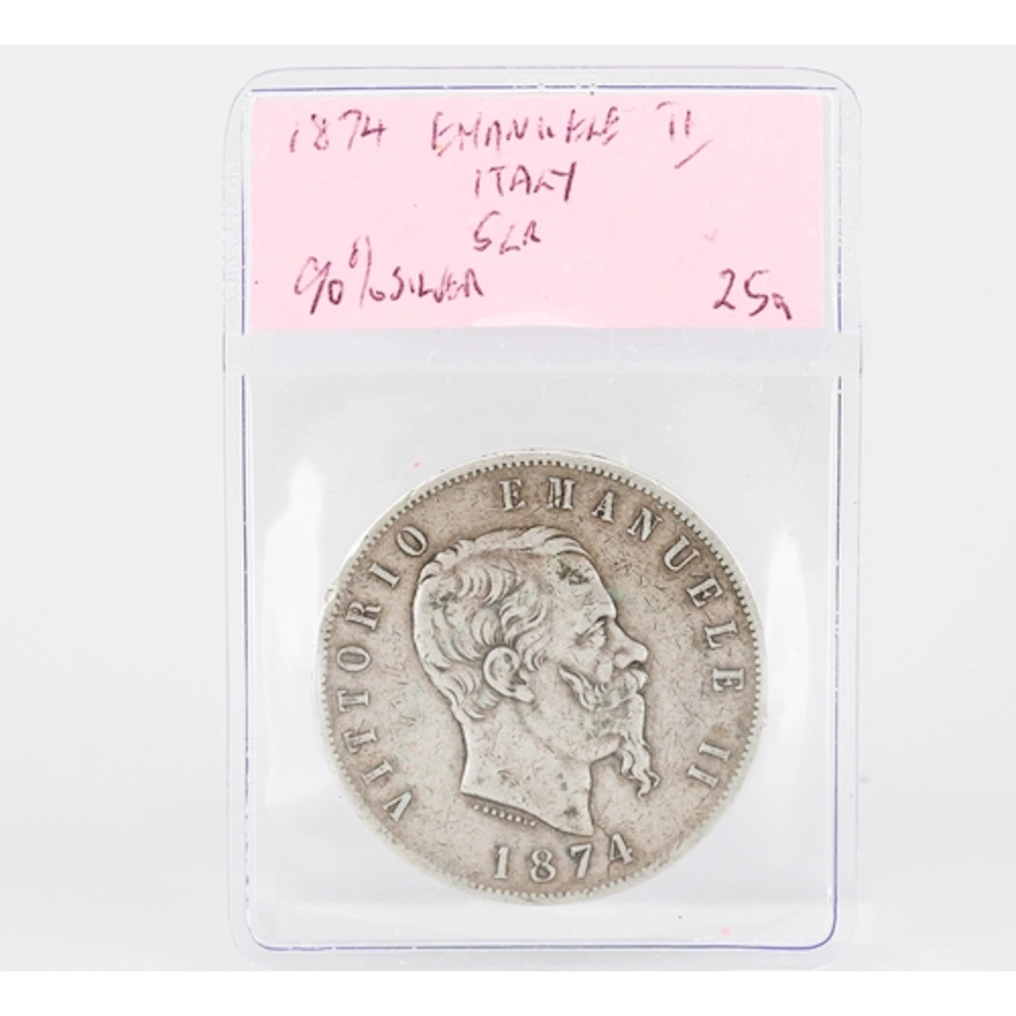 Silver Italian 5 Lire Coin, Vittorio Emanuele II 1874