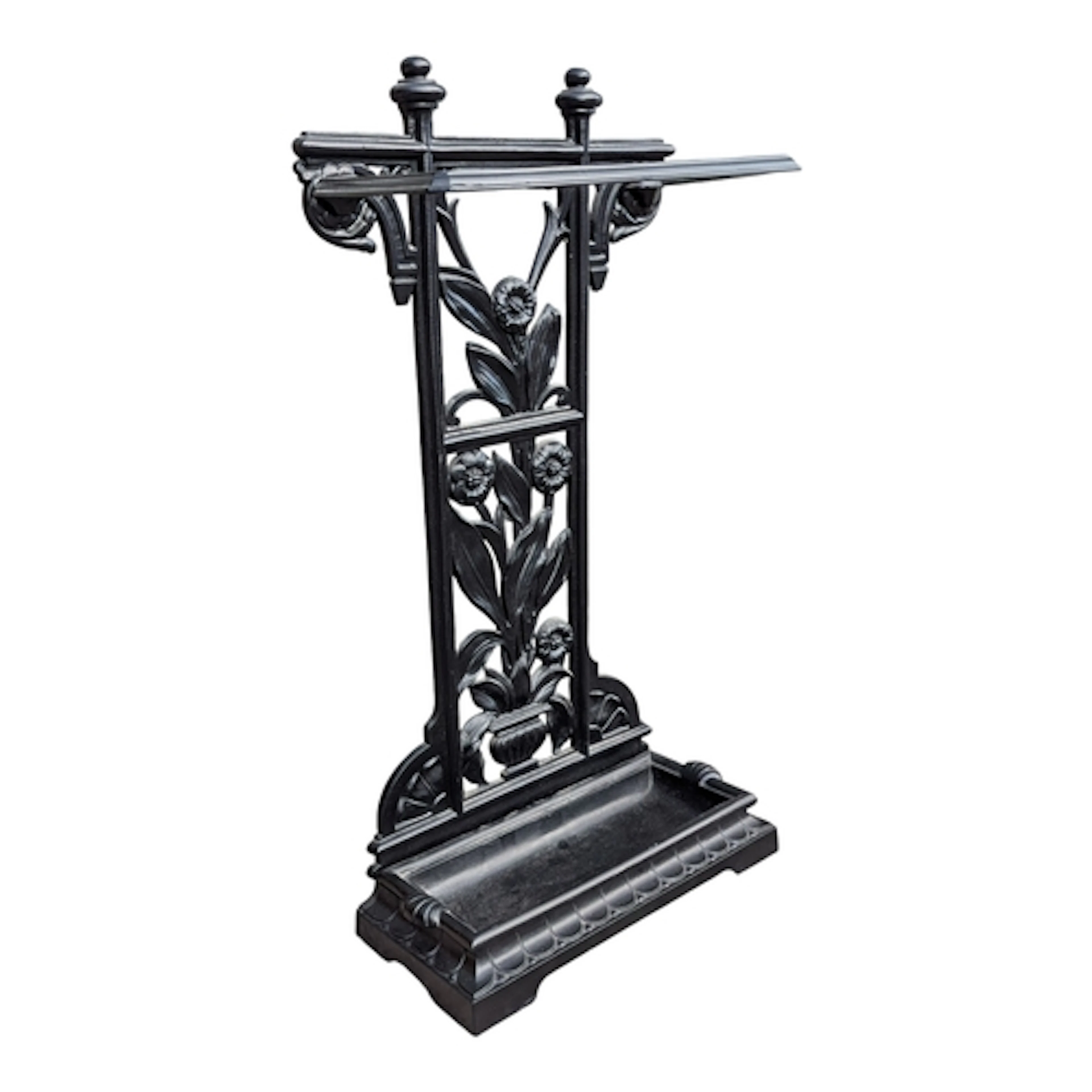 A Victorian style ebonised cast and wrought iron umbrella st...