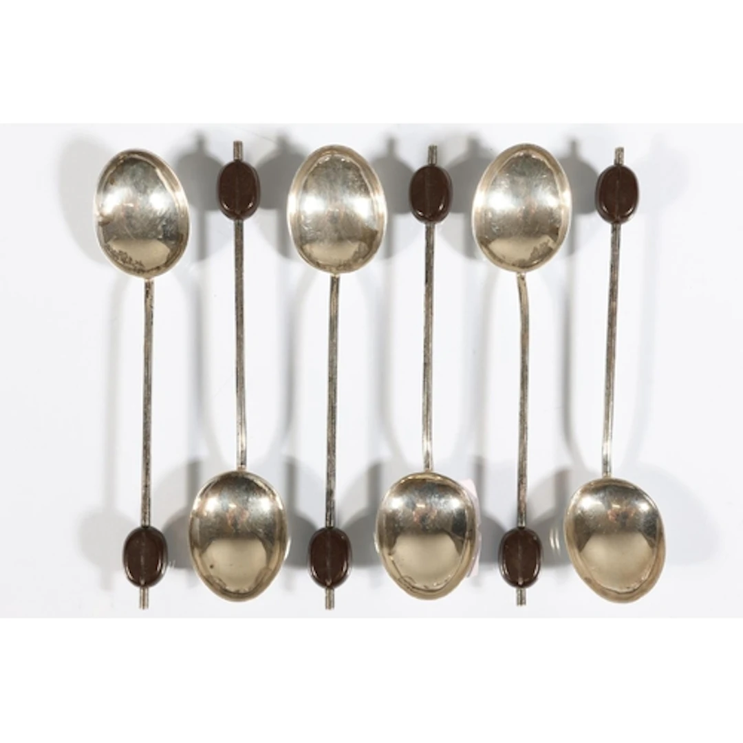 Set of six silver coffee spoons with bean terminals by TW&am...