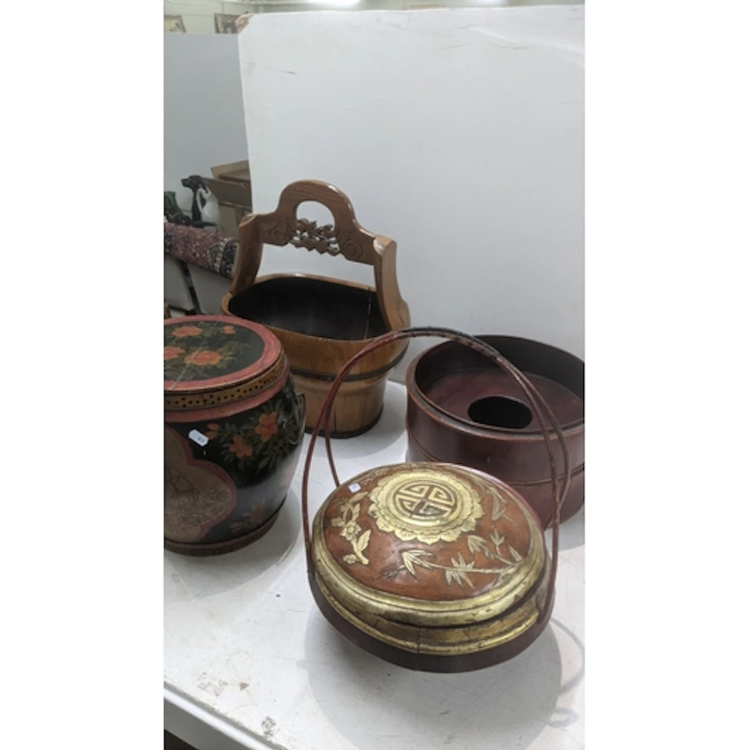 Wooden items to include an Asian floral painted twin handled...