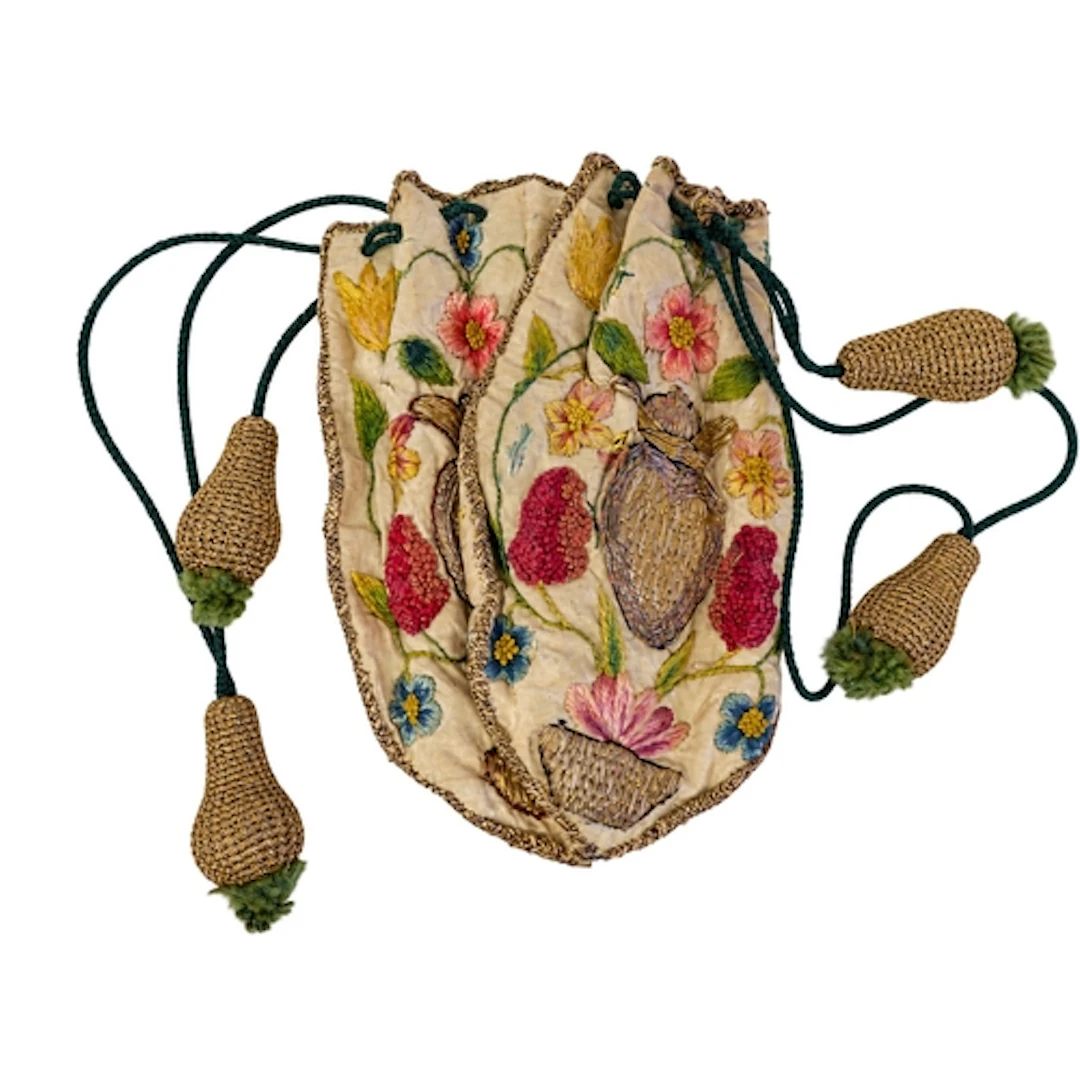 A fine European silk and metal-thread embroidered drawstring...