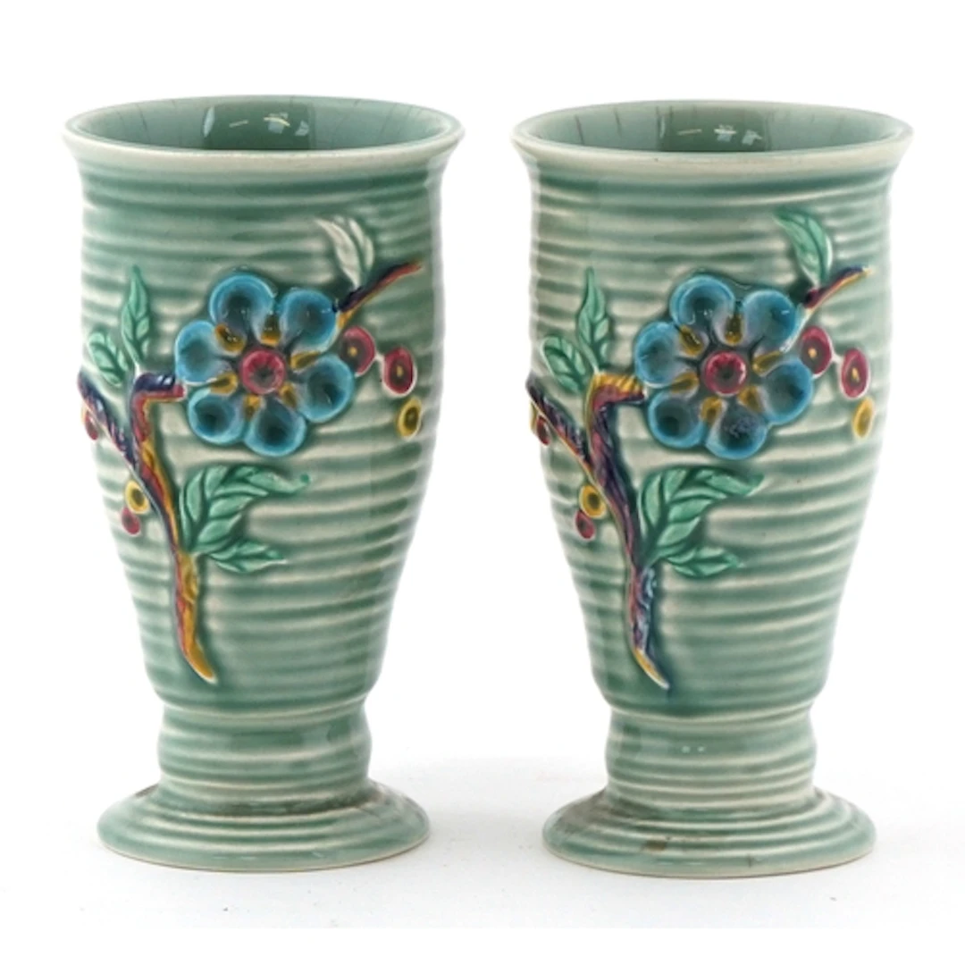 Pair of Clarice Cliff Newport pottery vases hand painted in ...