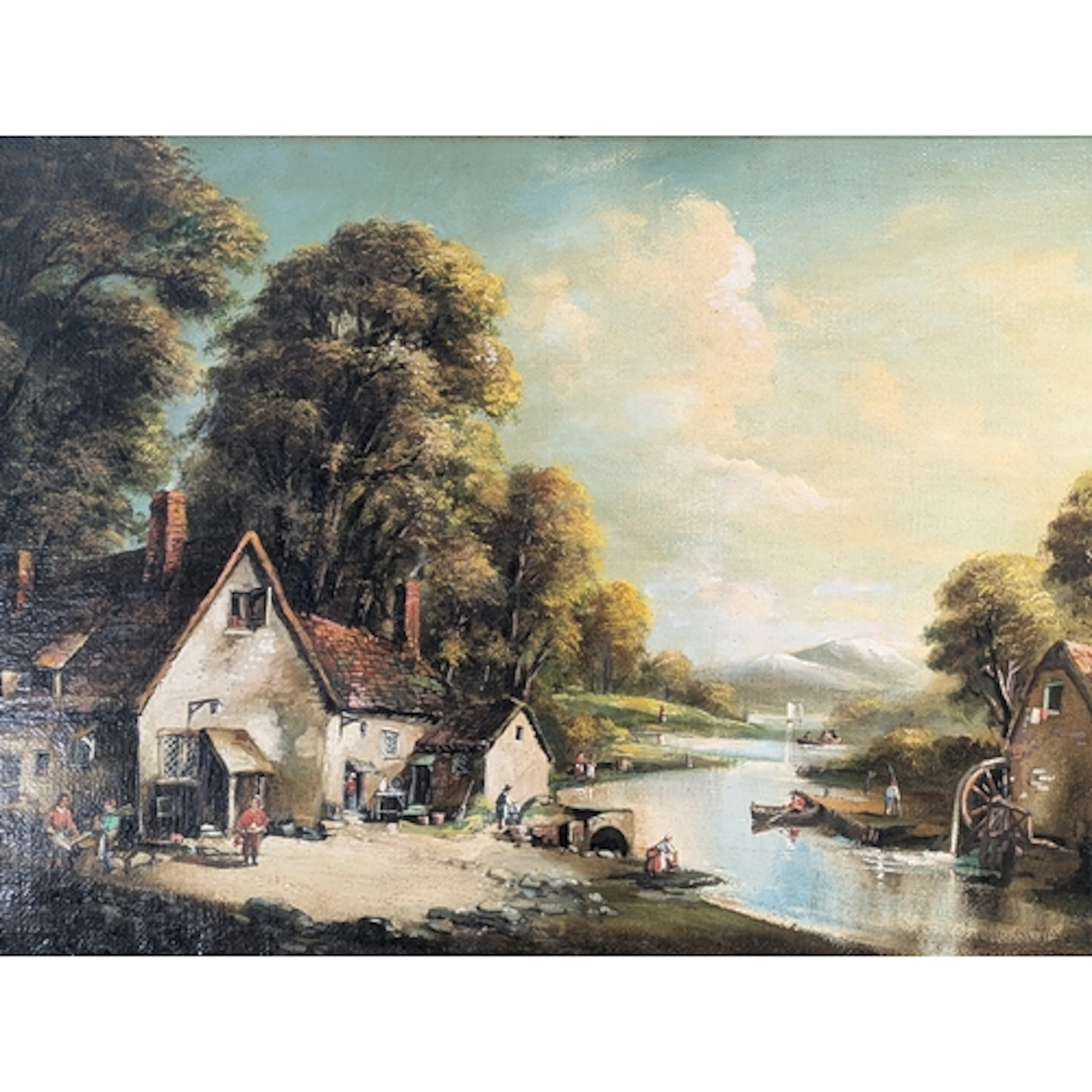An oil on canvas depicting a landscape scene, with a cottage...