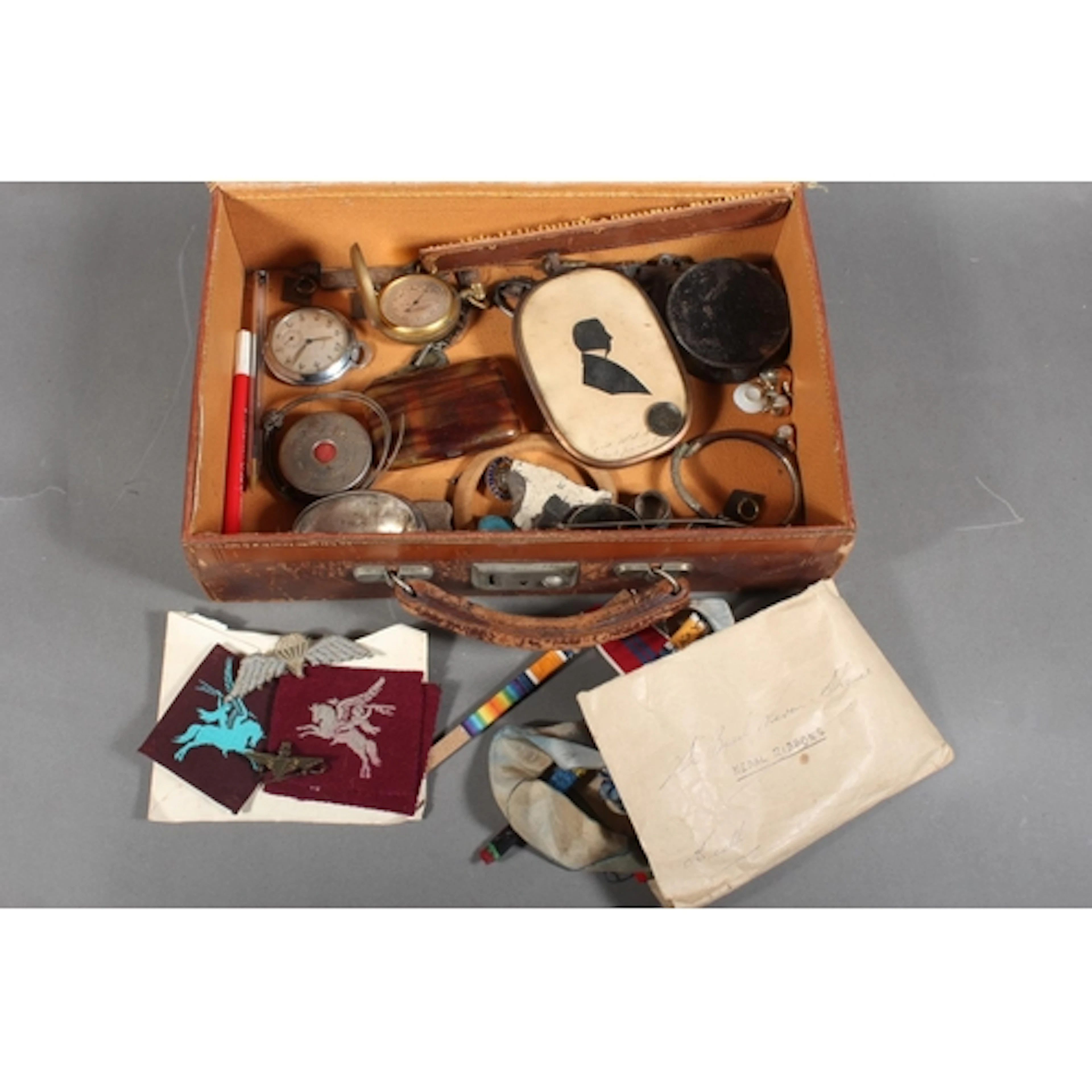 Case containing silver pocket knife, Chinese watch guard, Ha...