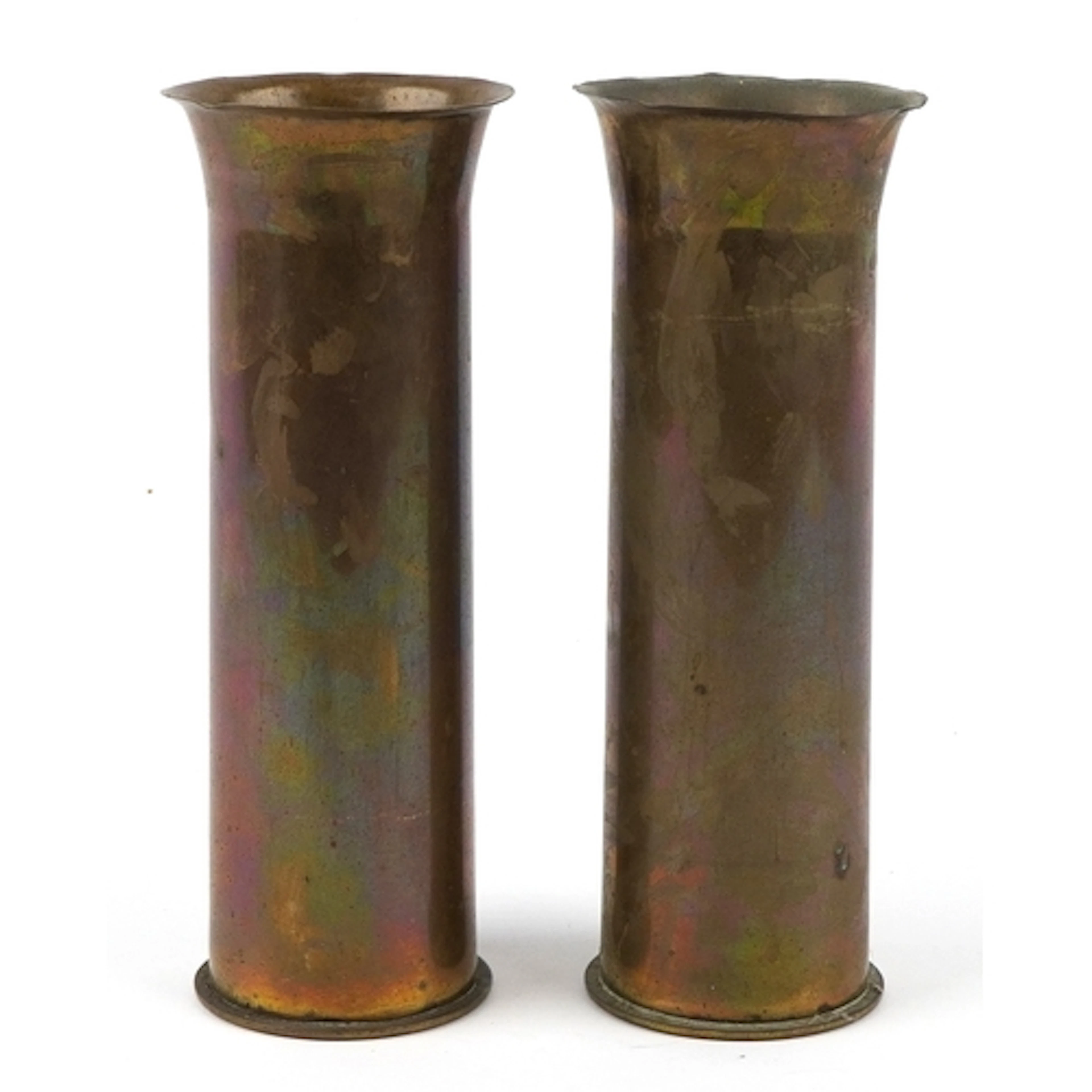 Two British military World War I brass shell cases, each wit...
