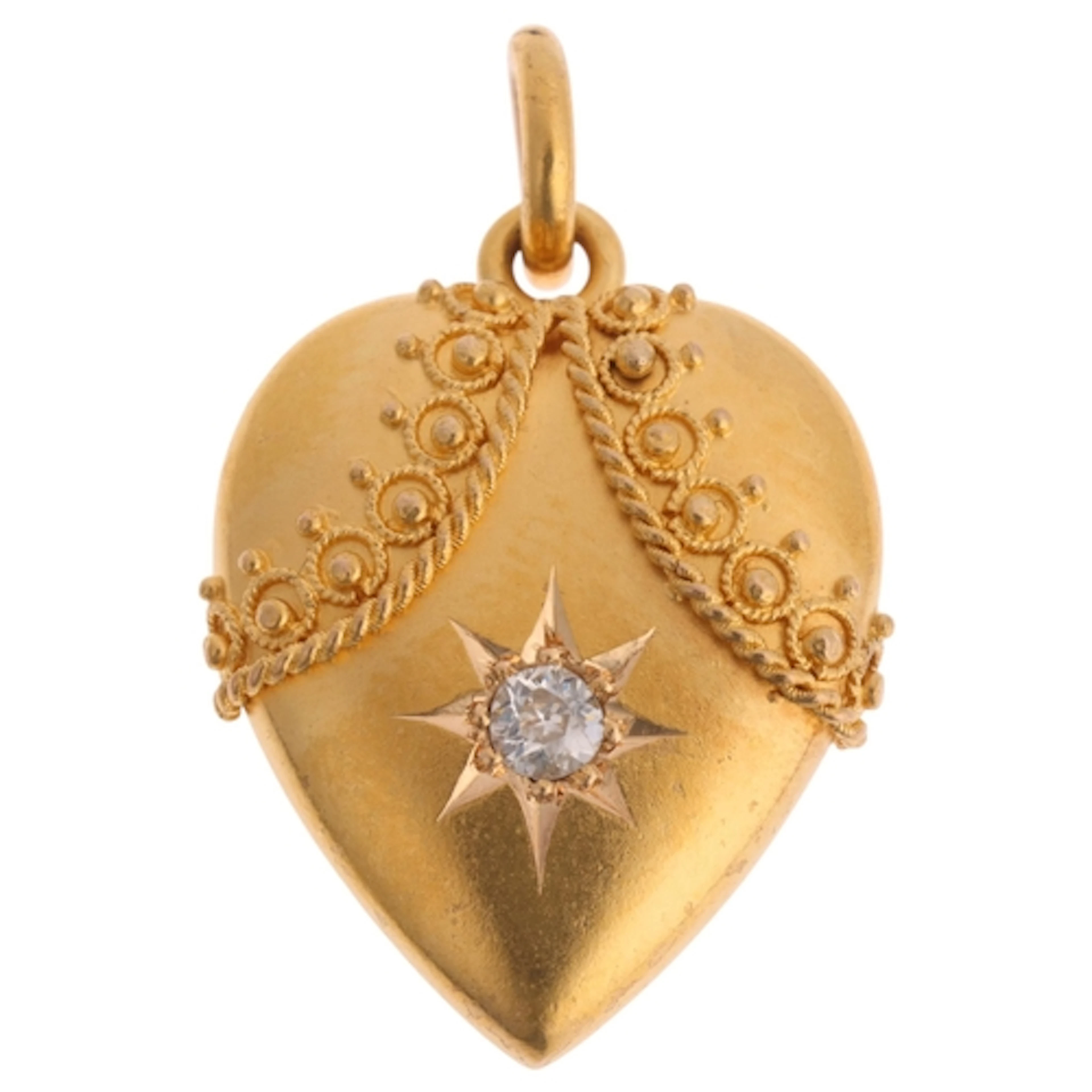 An Antique Etruscan Revival 15ct gold diamond heart pendant,...