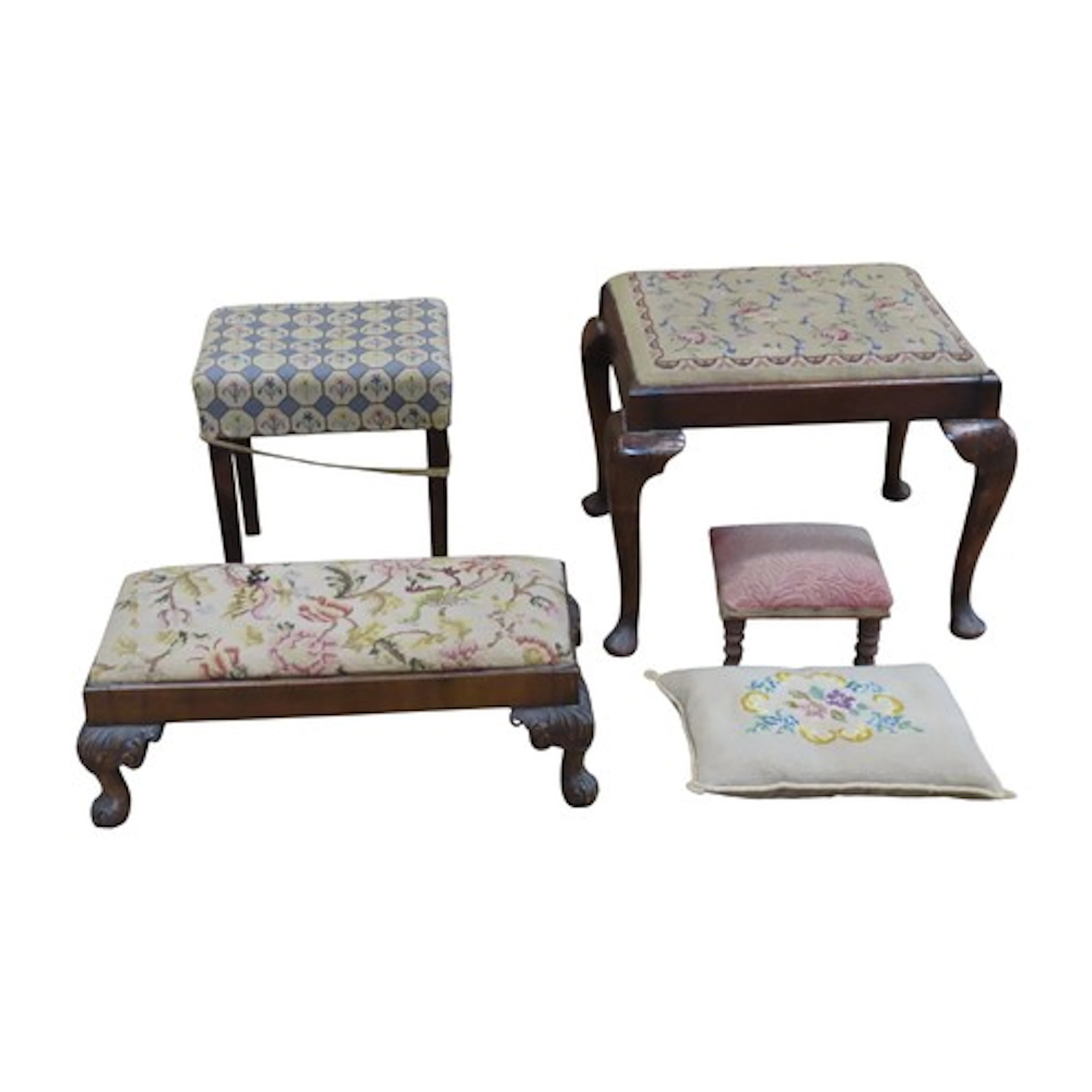 A Queen Anne style cabriole leg stool with drop in tapestry ...