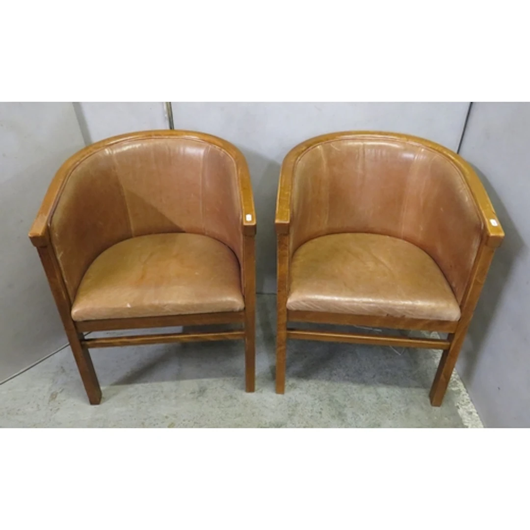 Pair Mid Century Oak Tub Chairs with leather upholstery, on ...