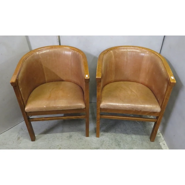 Pair Mid Century Oak Tub Chairs with leather upholstery, on ...