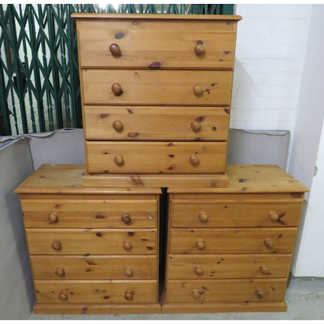3 Pine Chests of Drawers, each with 4 long drawers, bun hand...