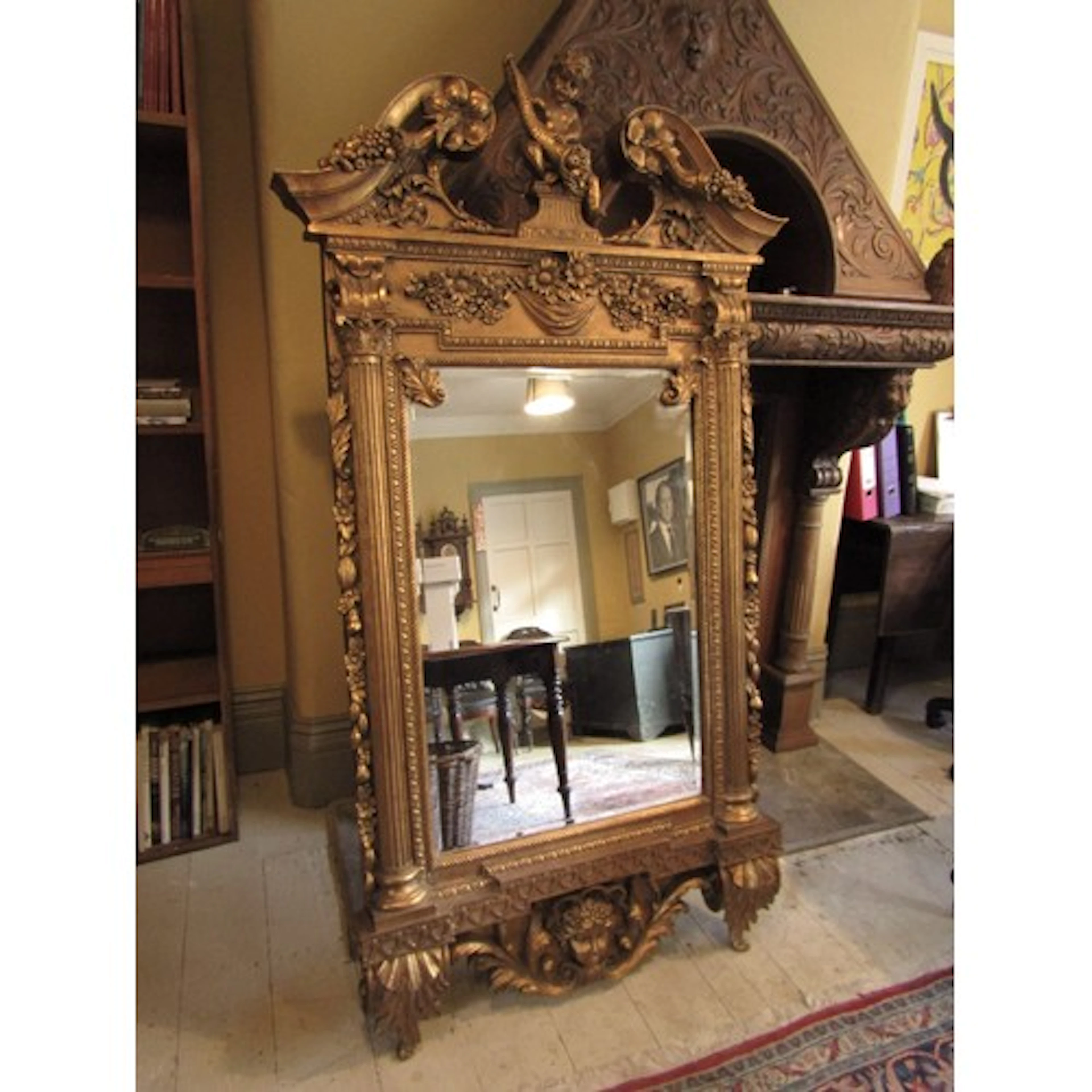 William Kent Design Gilded Wall Mirror with Upper Pediment a...