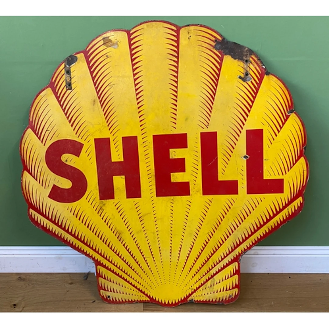 A massive antique enamel Shell Oil double sided shell shaped...