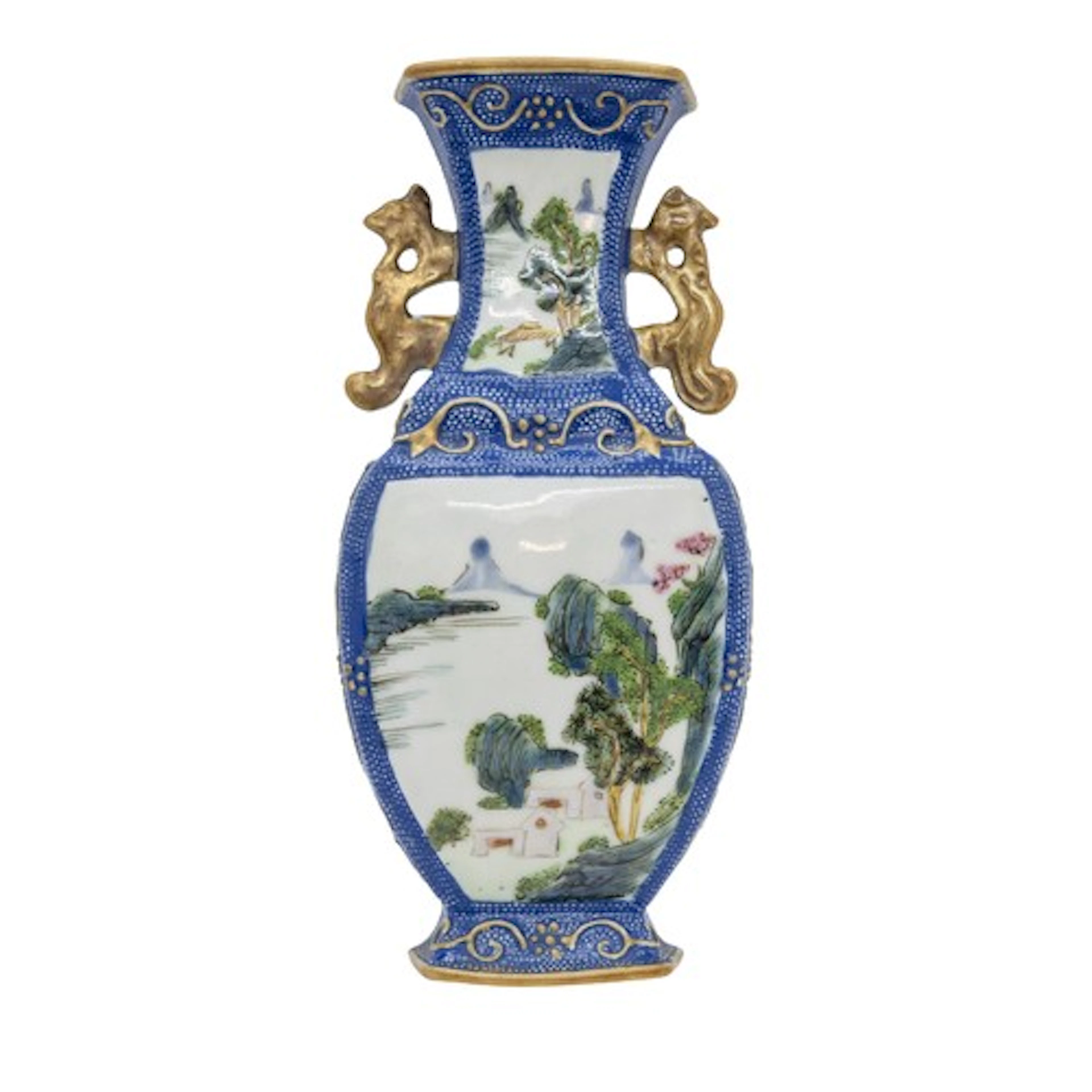 A BLUE-GROUND FAMILLE ROSE 'LANDSCAPE' WALL VASE QIANLONG PE...