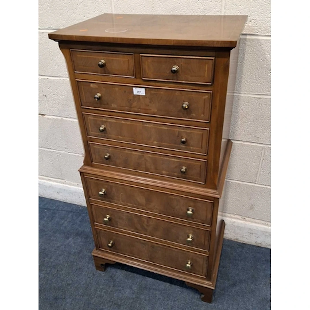 A REPRODUCTION YEW WOOD TALL BOY, fitted with two short over...