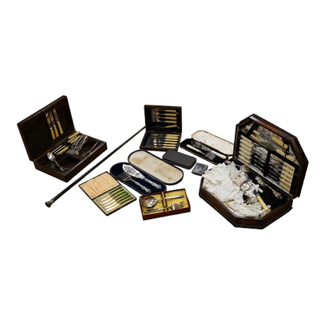 A quantity of assorted plated cutlery, a silver mounted smal...