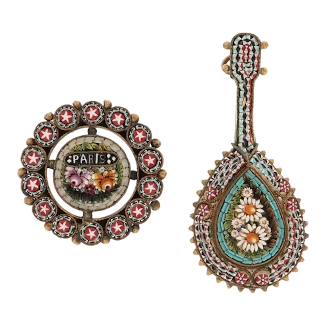 Two micro mosaic brooches, one from Paris, the largest 4.2cm...