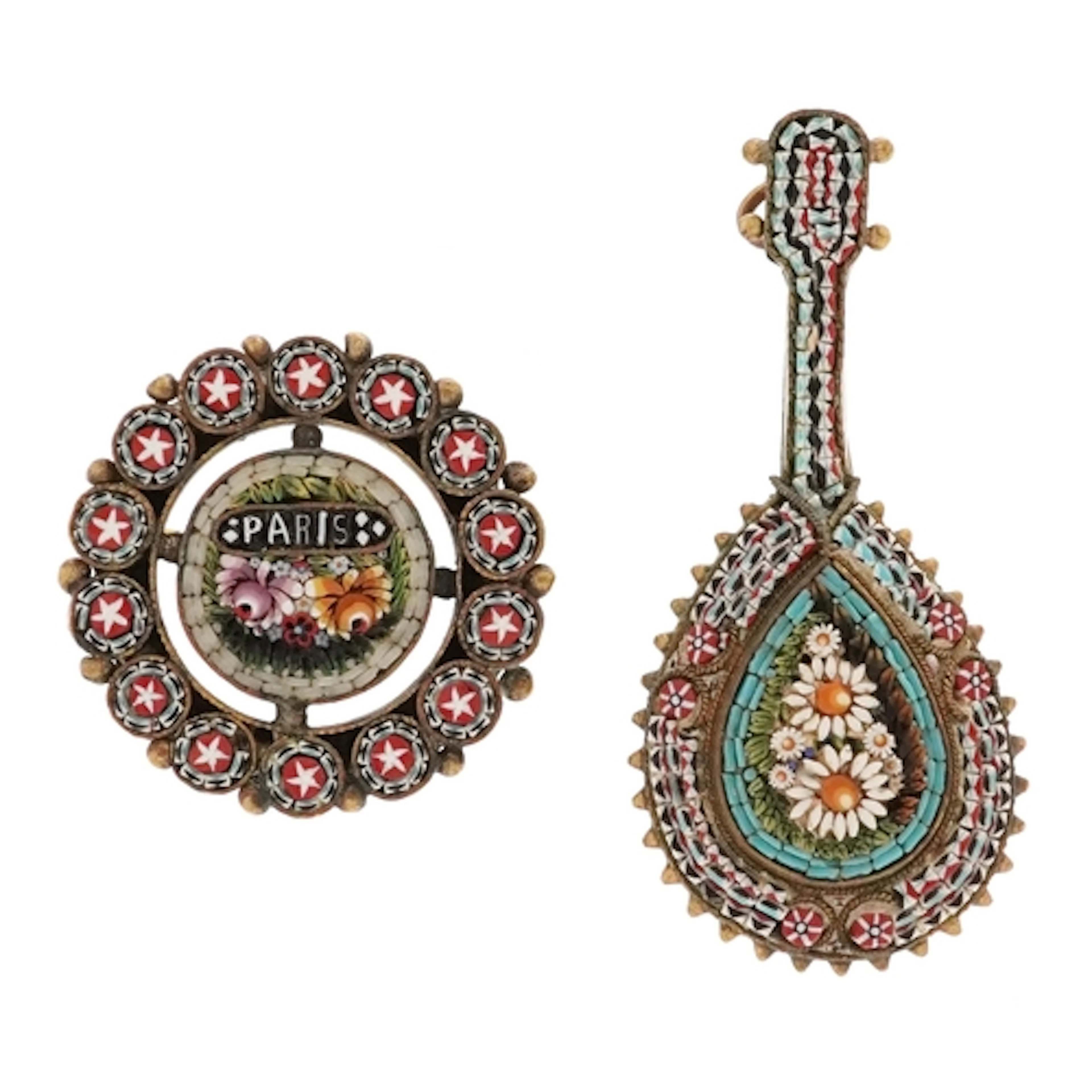 Two micro mosaic brooches, one from Paris, the largest 4.2cm...
