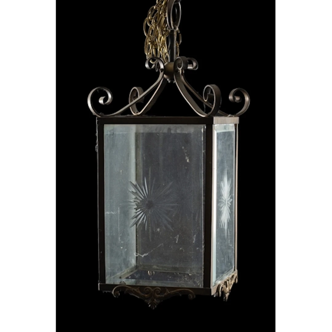 A glazed brass ceiling lantern, early 20th century; of squar...
