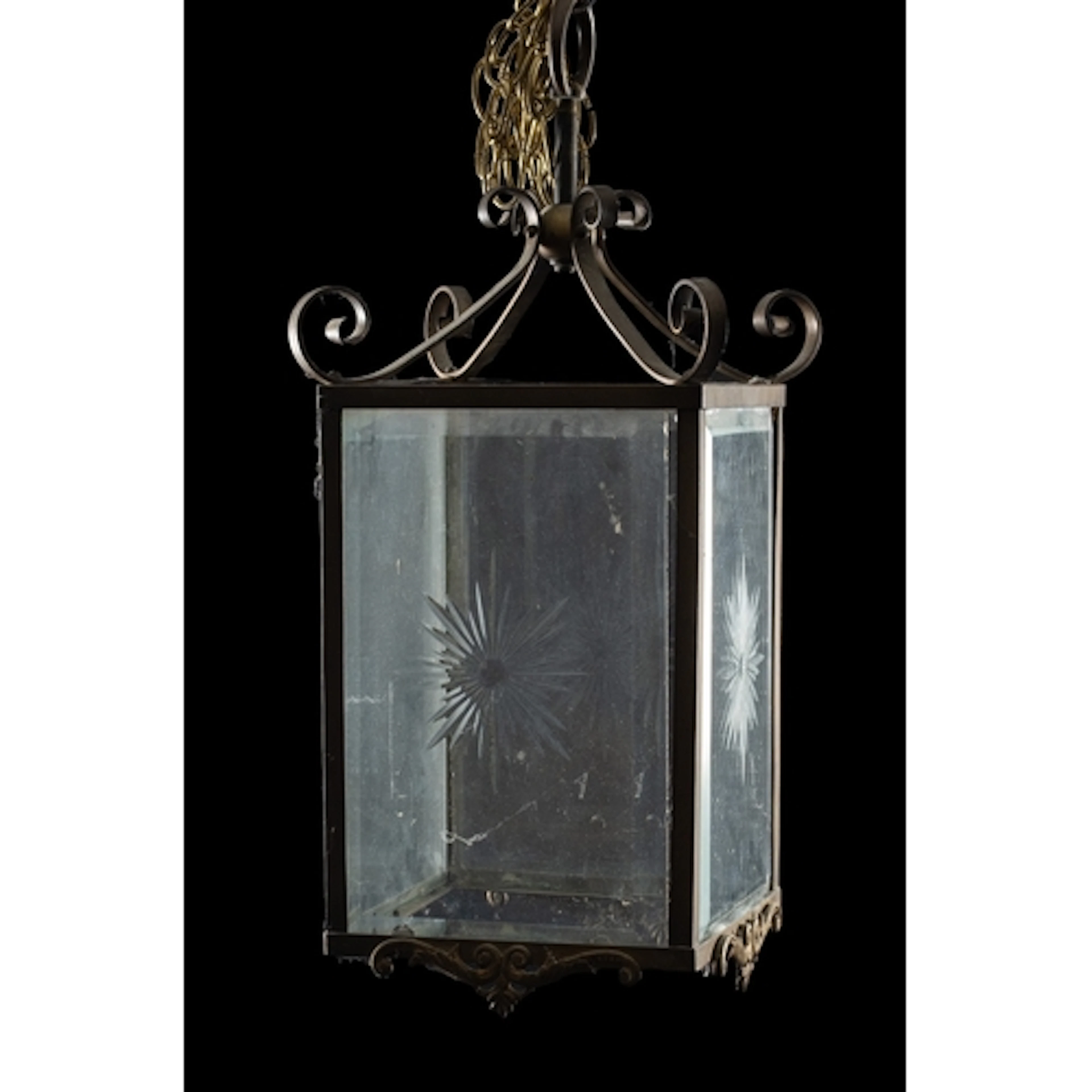 A glazed brass ceiling lantern, early 20th century; of squar...