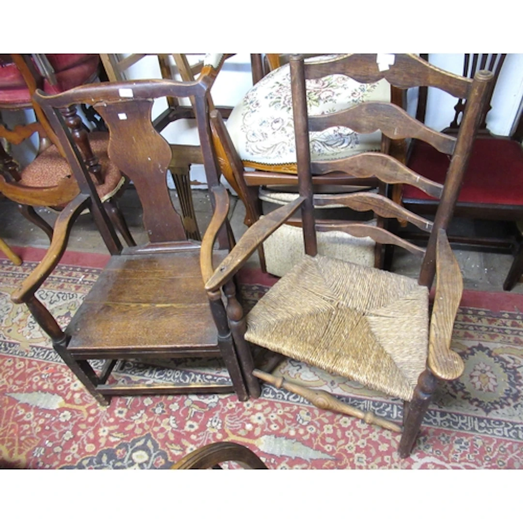 George III oak open elbow chair, together with an oak ladder...