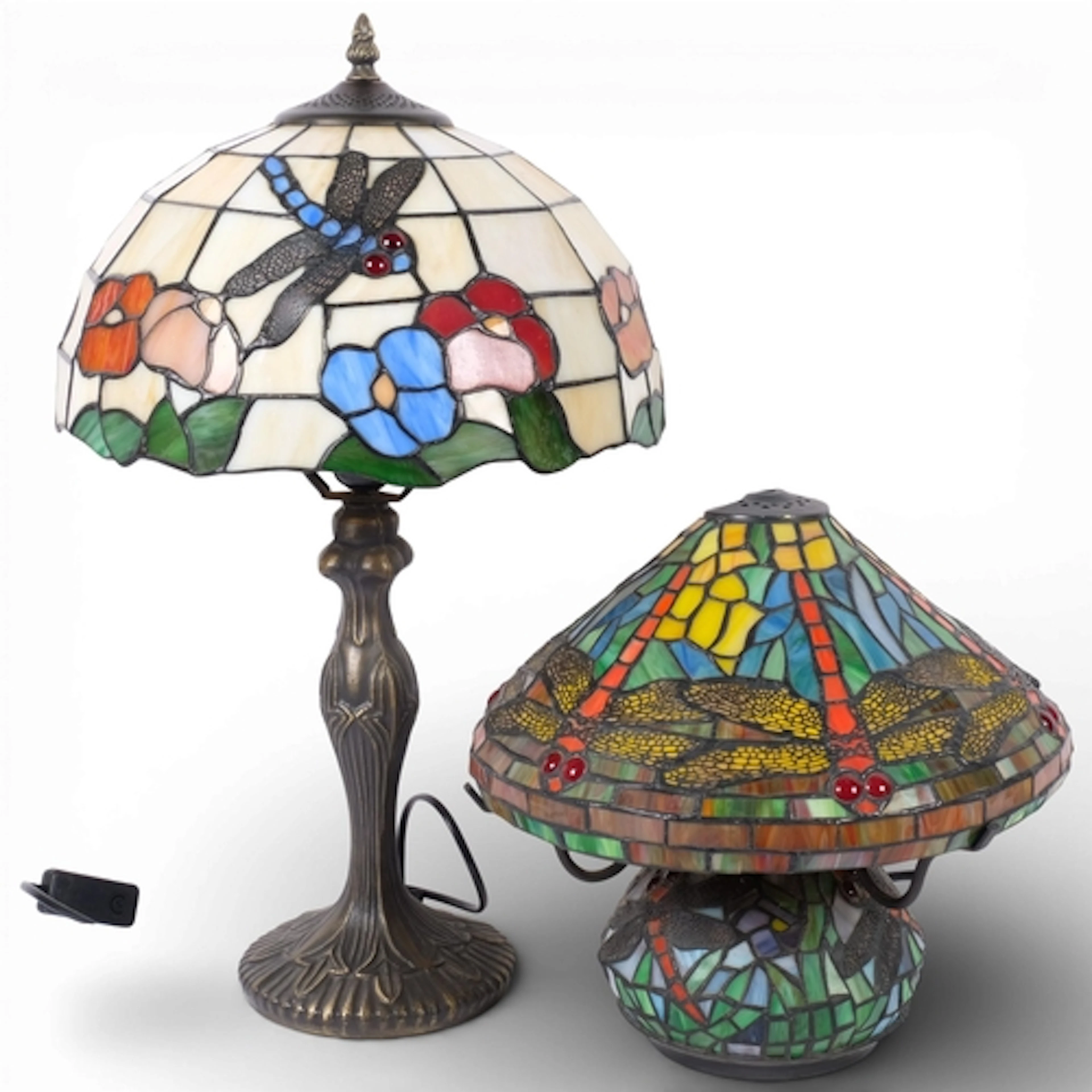A contemporary Tiffany style table lamp, with dragonfly shad...
