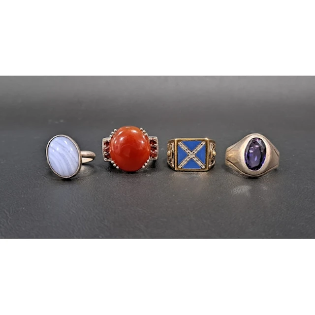 SELECTION OF THREE SILVER RINGS AND ONE PLATINUM PLATED RING...