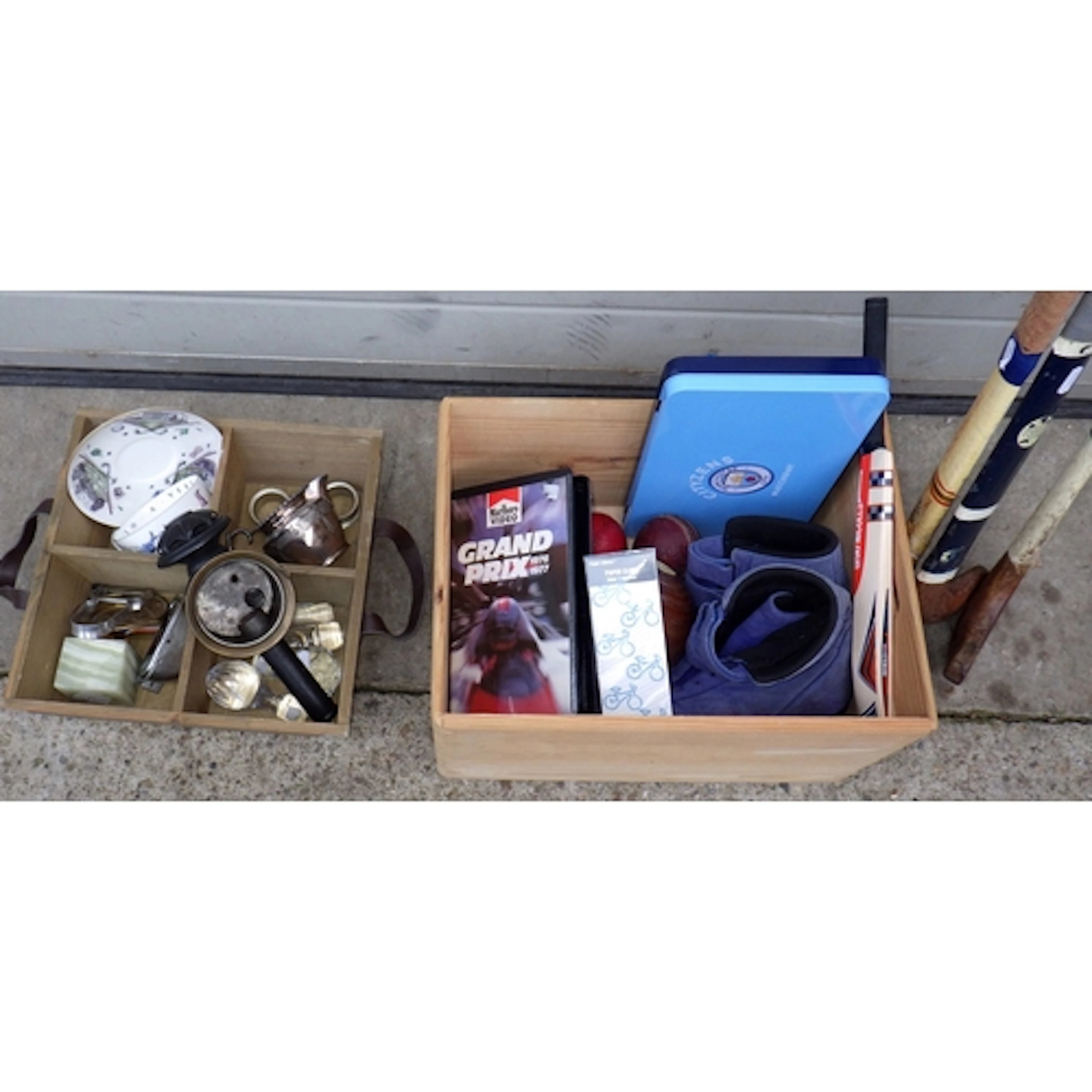 Three hockey sticks, cricket balls, signed miniature cricket...