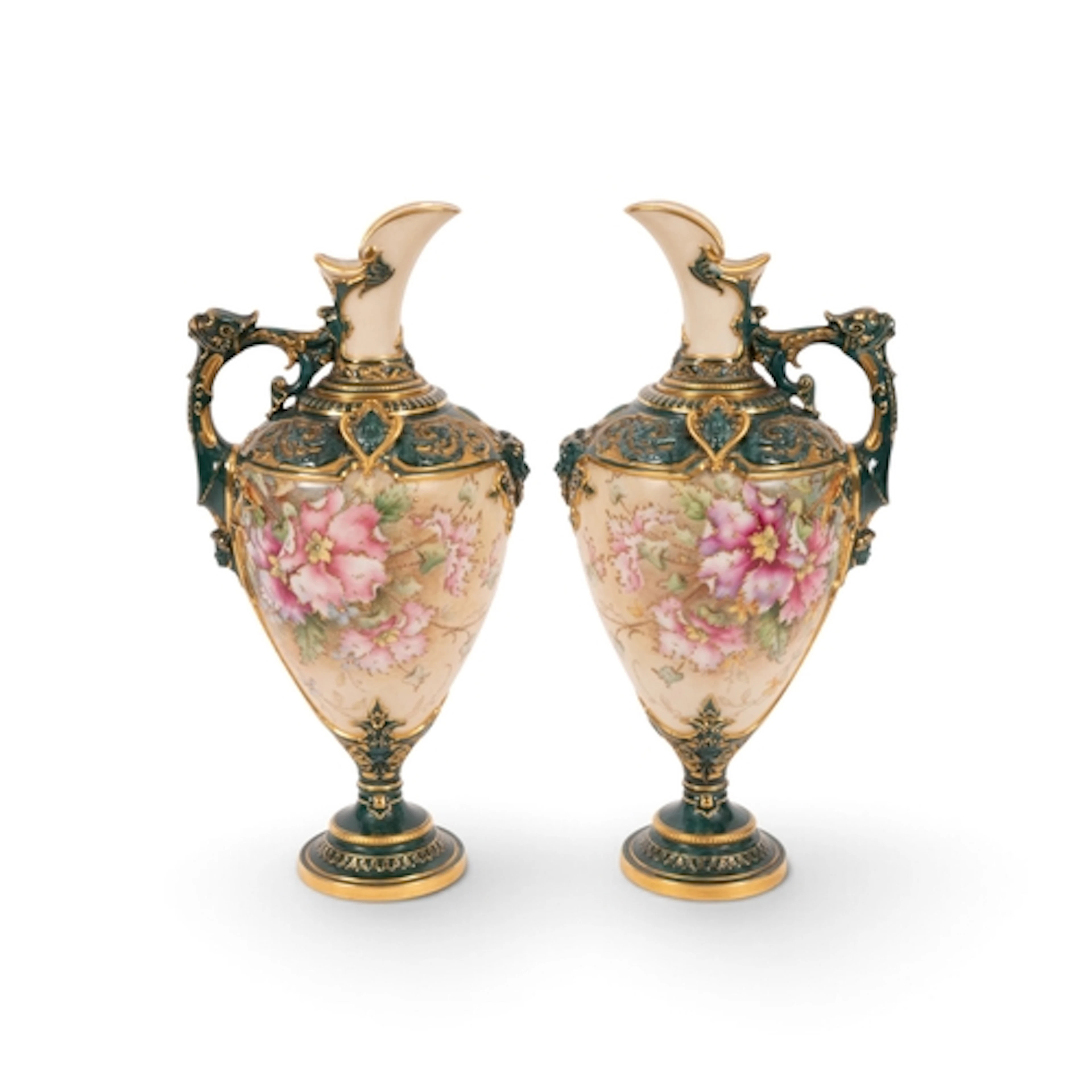 A pair of Royal Worcester ewers, date codes for 1896, of sha...