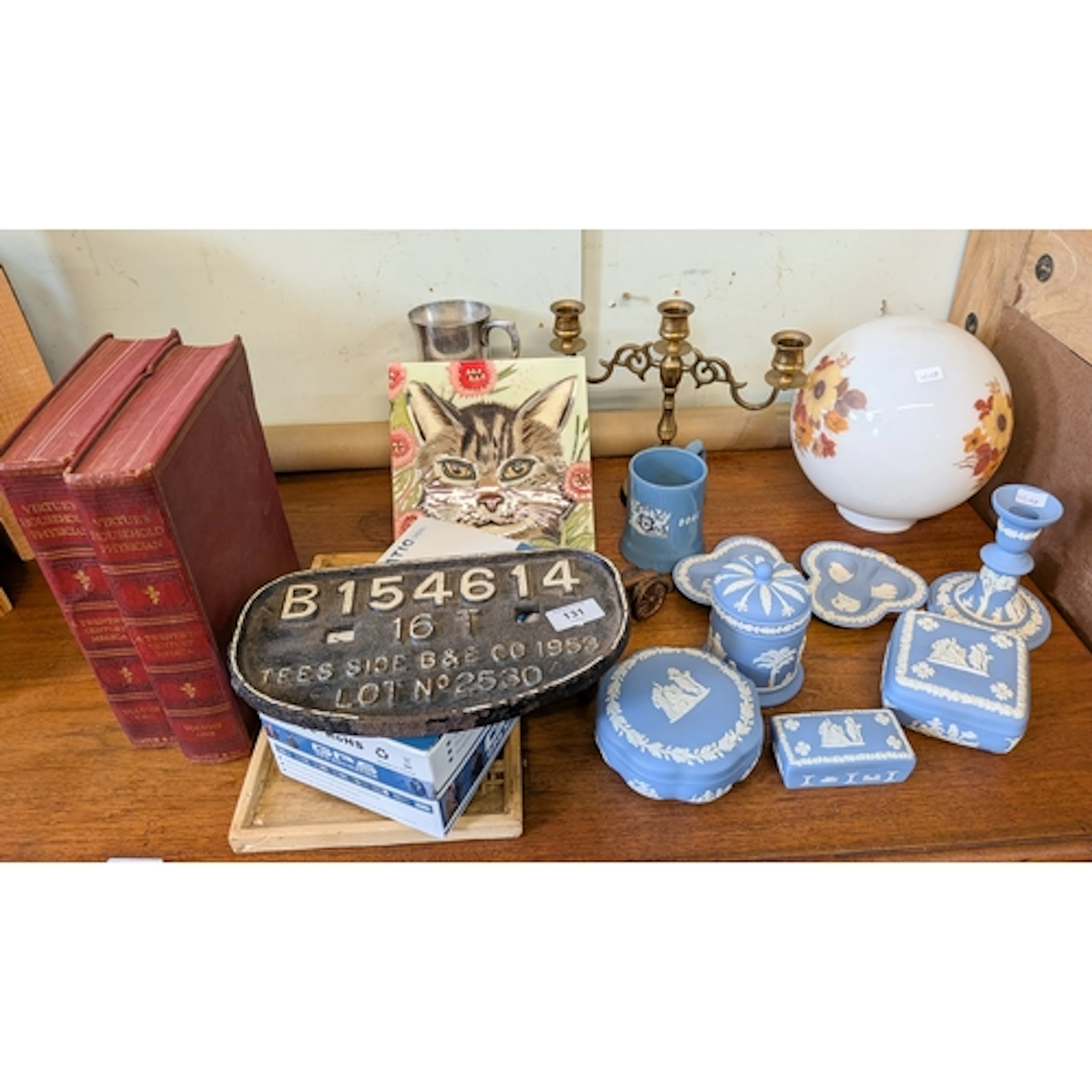 Wedgwood Jasperware together with a brass candelabra, Railwa...