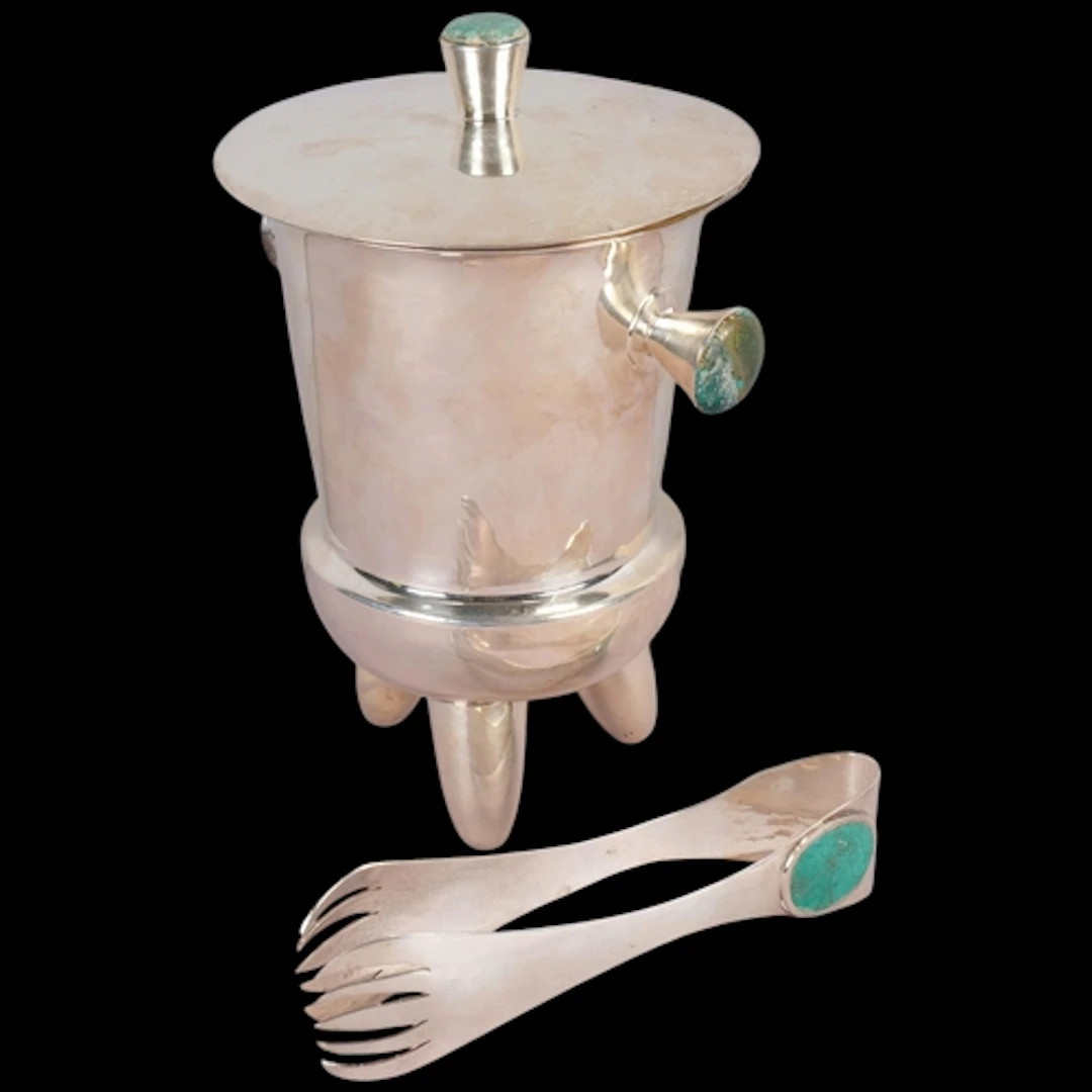 A Mexican modernist silver plated ice bucket and tongs, Los ...