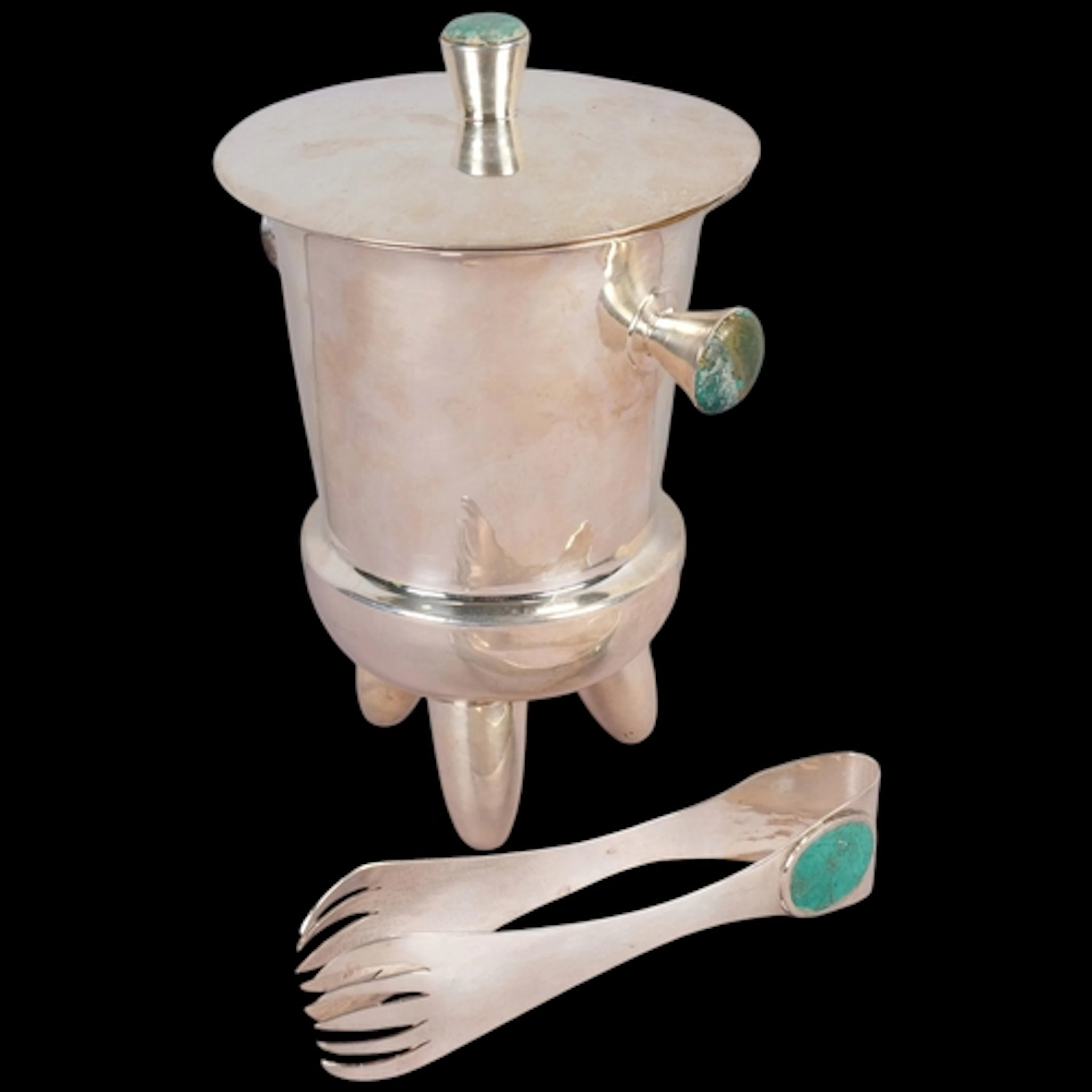 A Mexican modernist silver plated ice bucket and tongs, Los ...