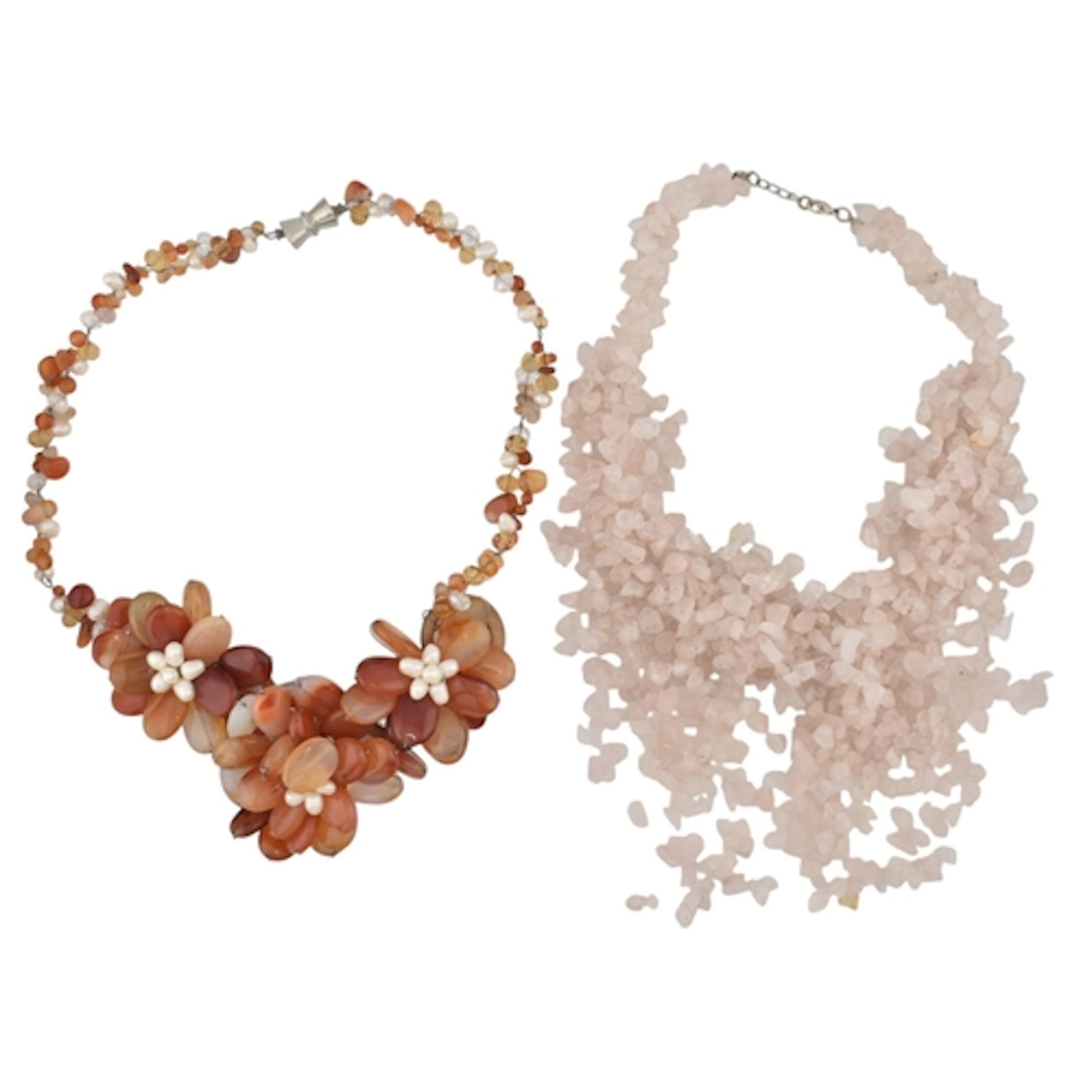 Two statement necklaces. To include: A rose quartz chip dro...