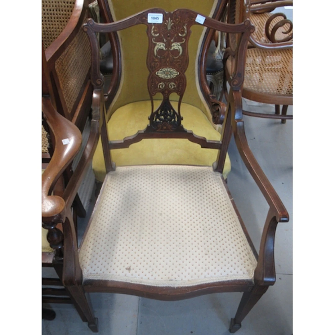 Edwardian mahogany and marquetry inlaid open arm drawing roo...
