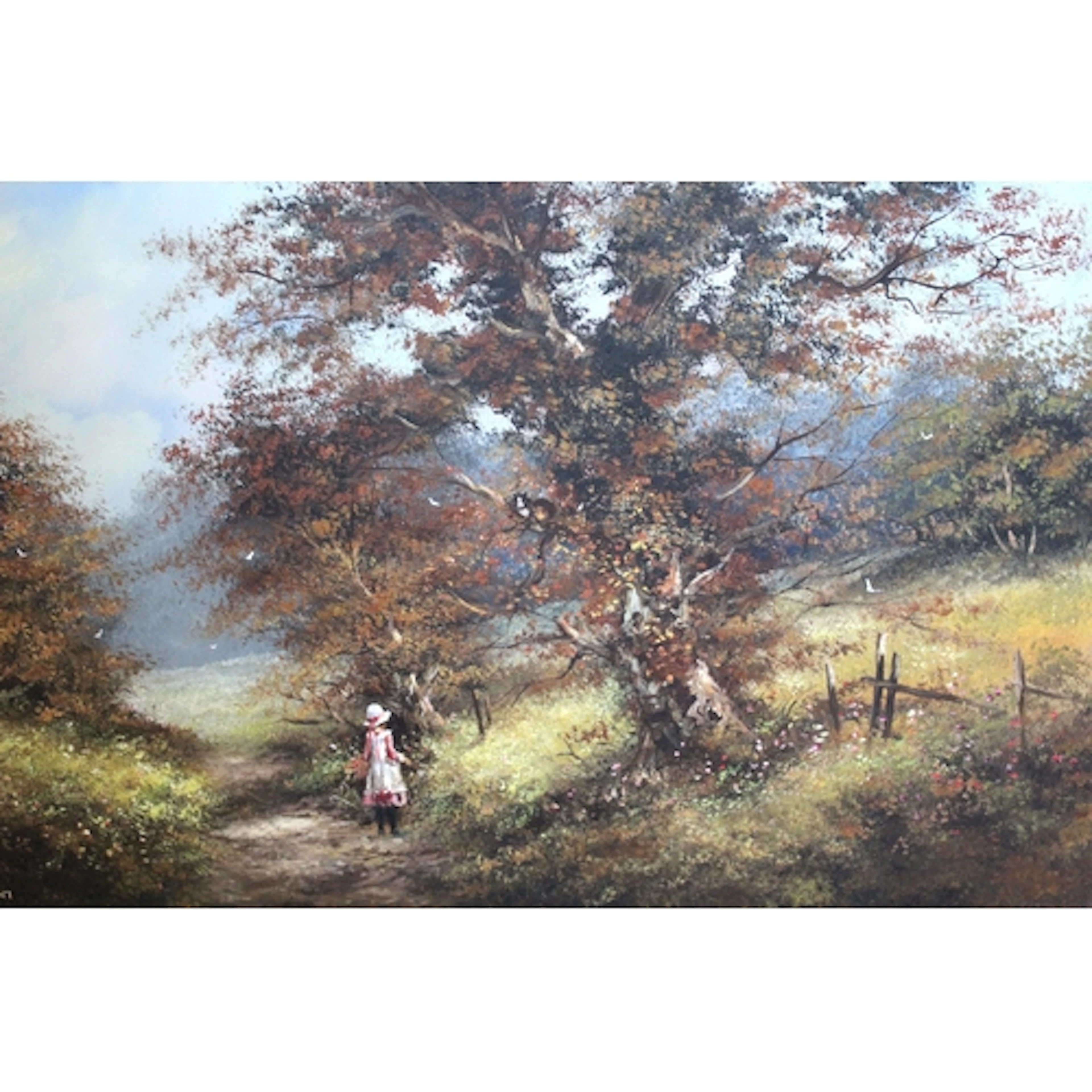 Les Parson, oil on canvas, girl picking flowers on a country...