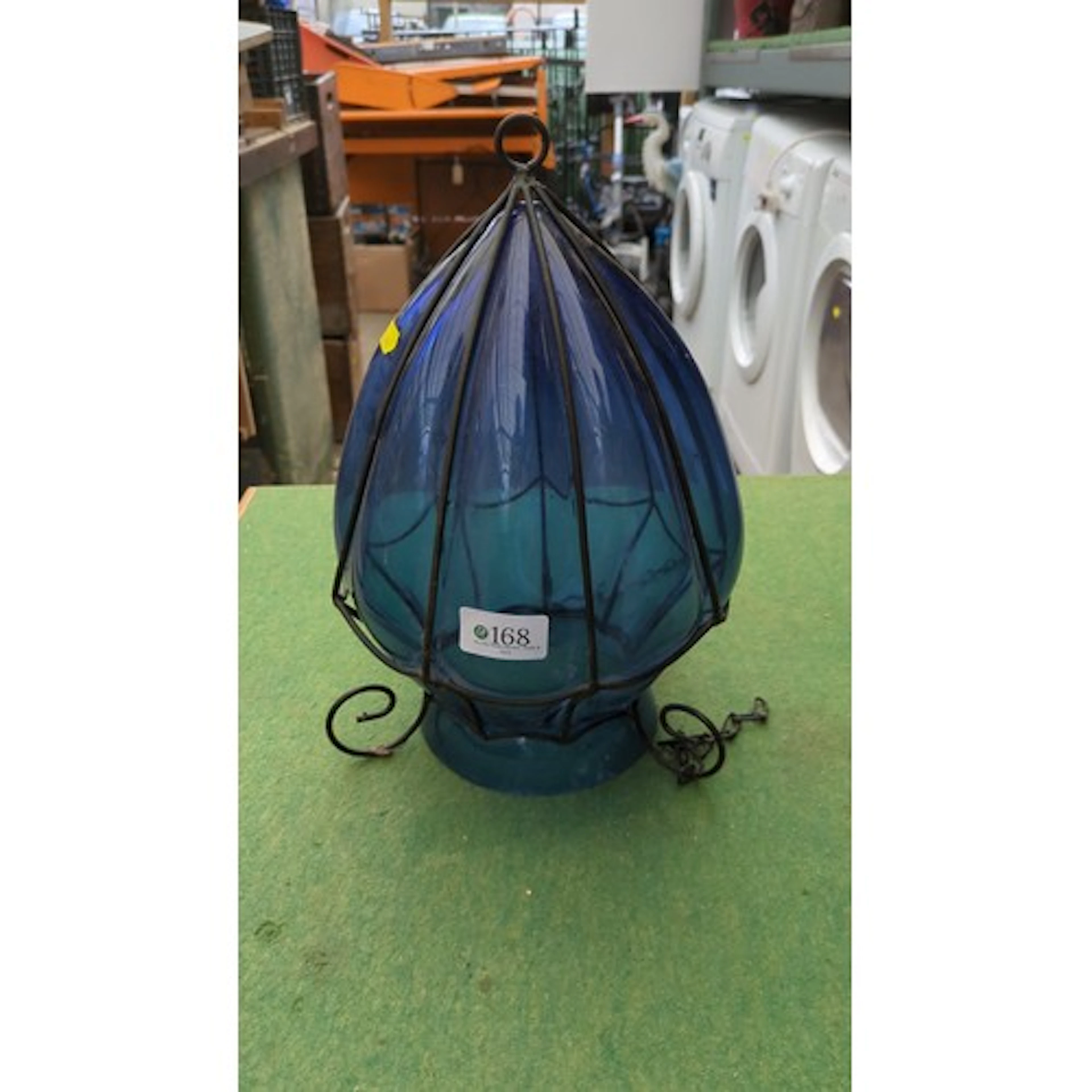 20th century cobalt-blue glass lampshade with wire frame