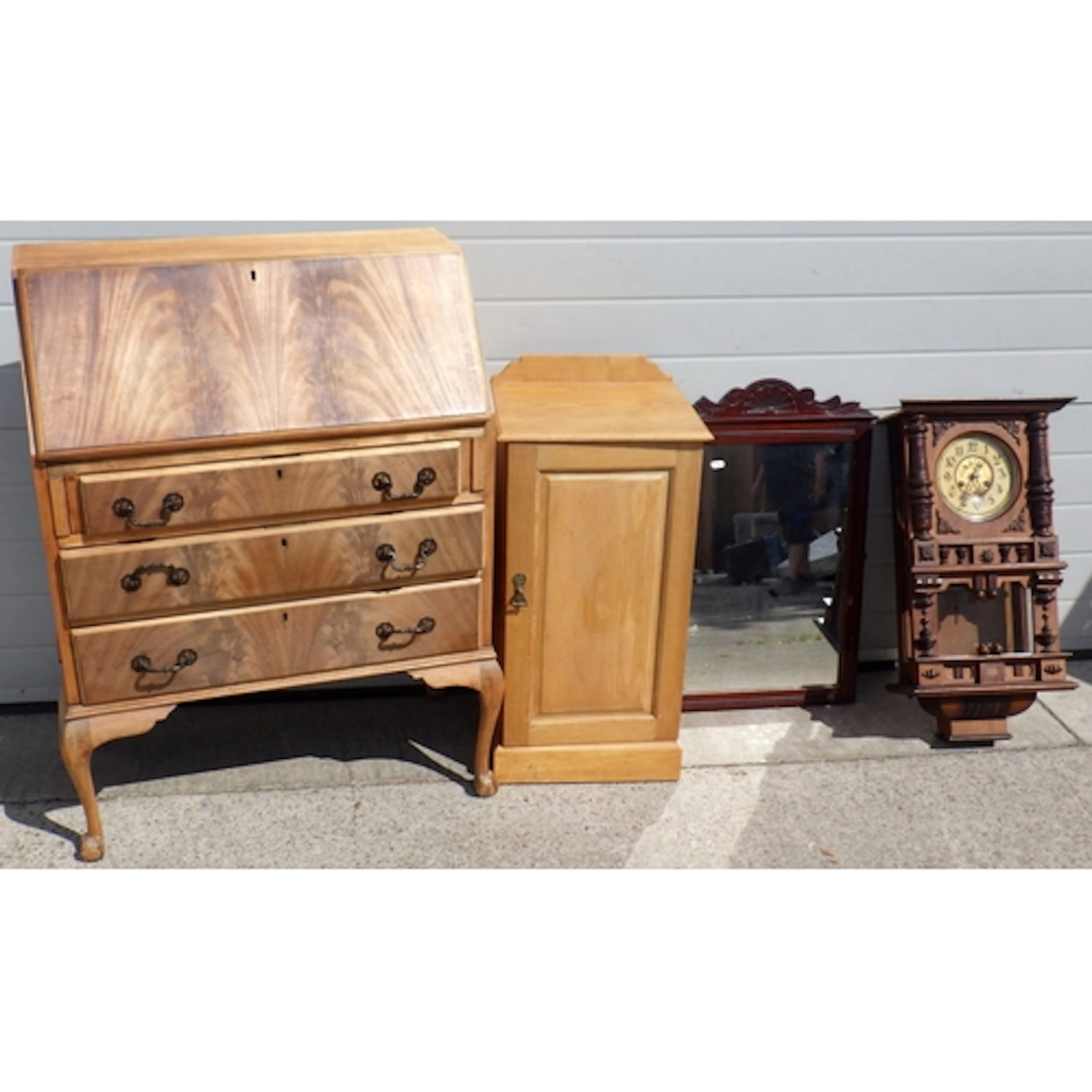 A Victorian pot cupboard, bureau, wall clock, mirror (4)