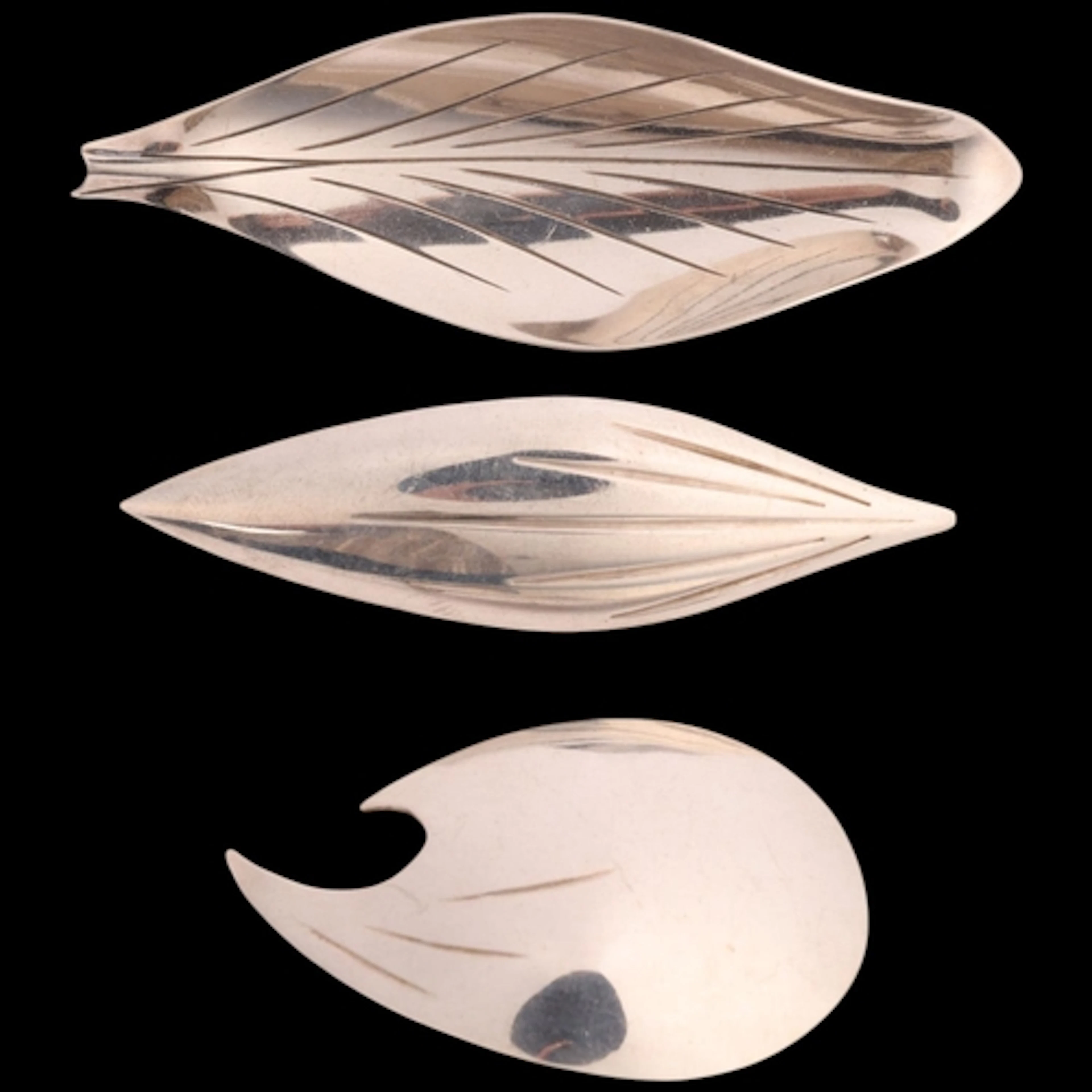 3 Danish modernist sterling silver leaf brooches, makers inc...