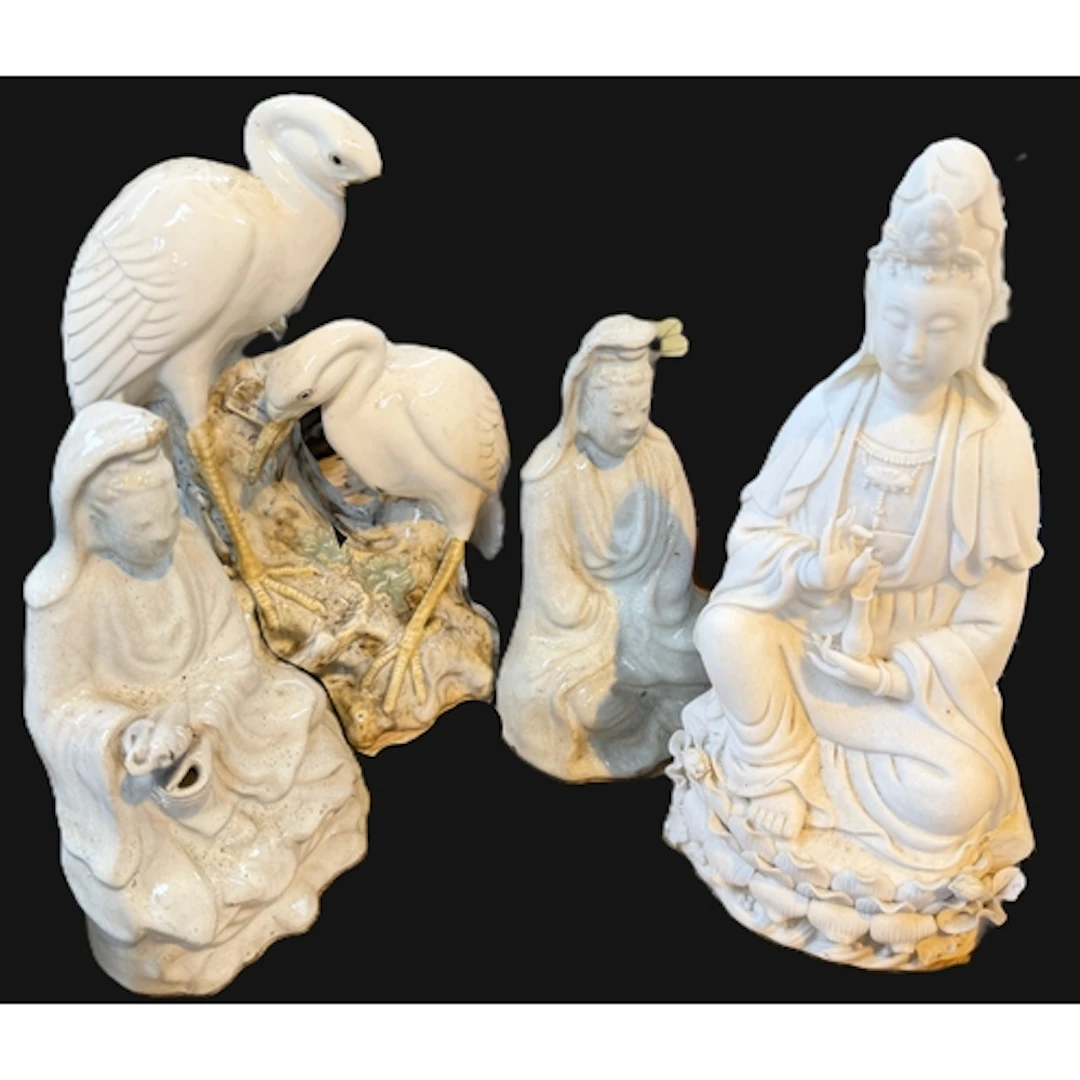 A Chinese ceramic group, 2 Cranes on naturalistic base, 2 fi...