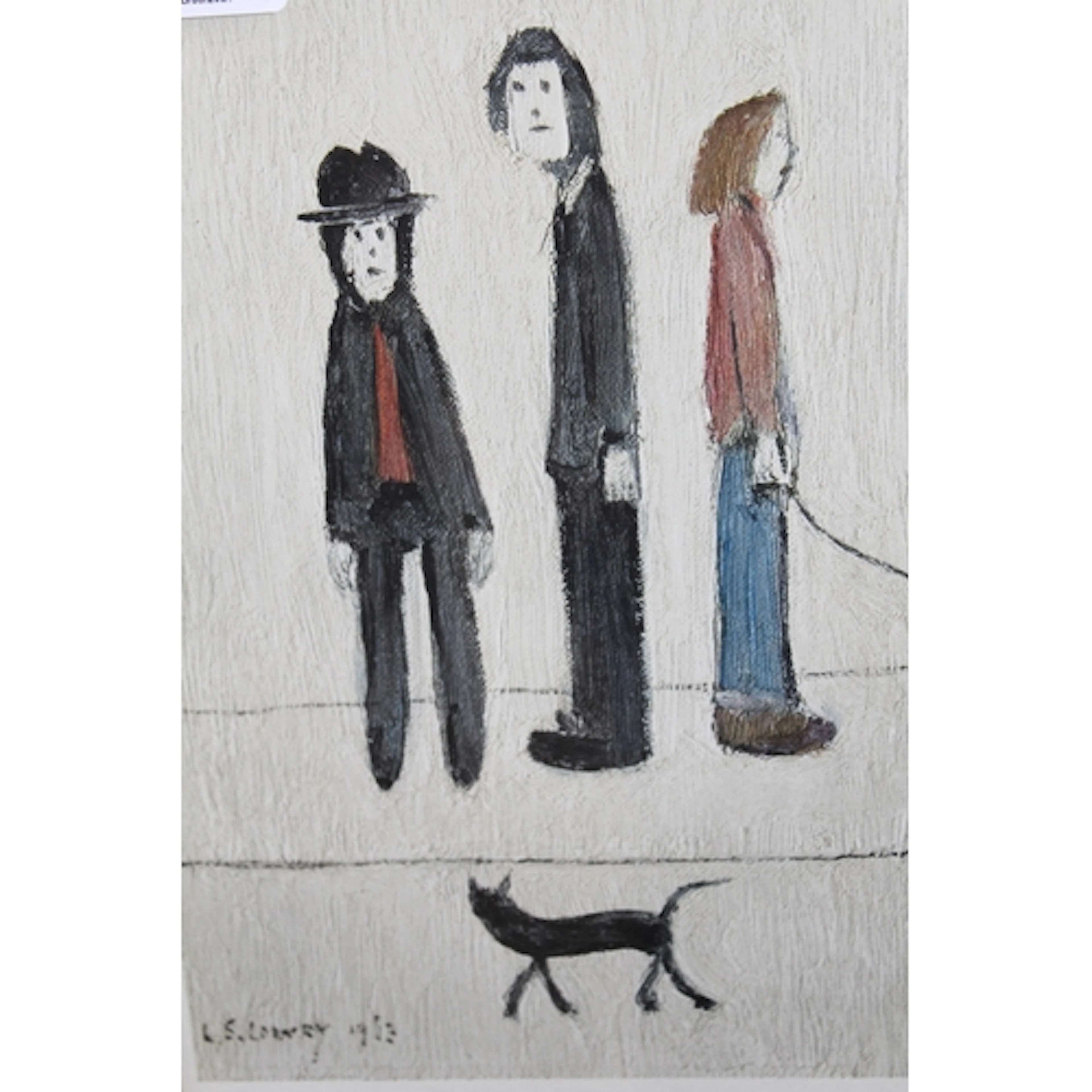 L.S. Lowry, signed coloured print, ‘ Three Men and a Cat ’,...