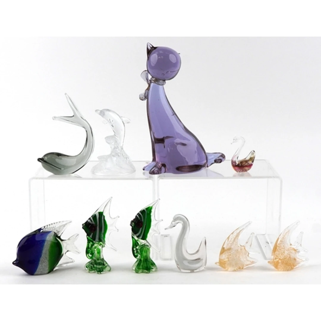Group of decorative European glassware including fishes and ...